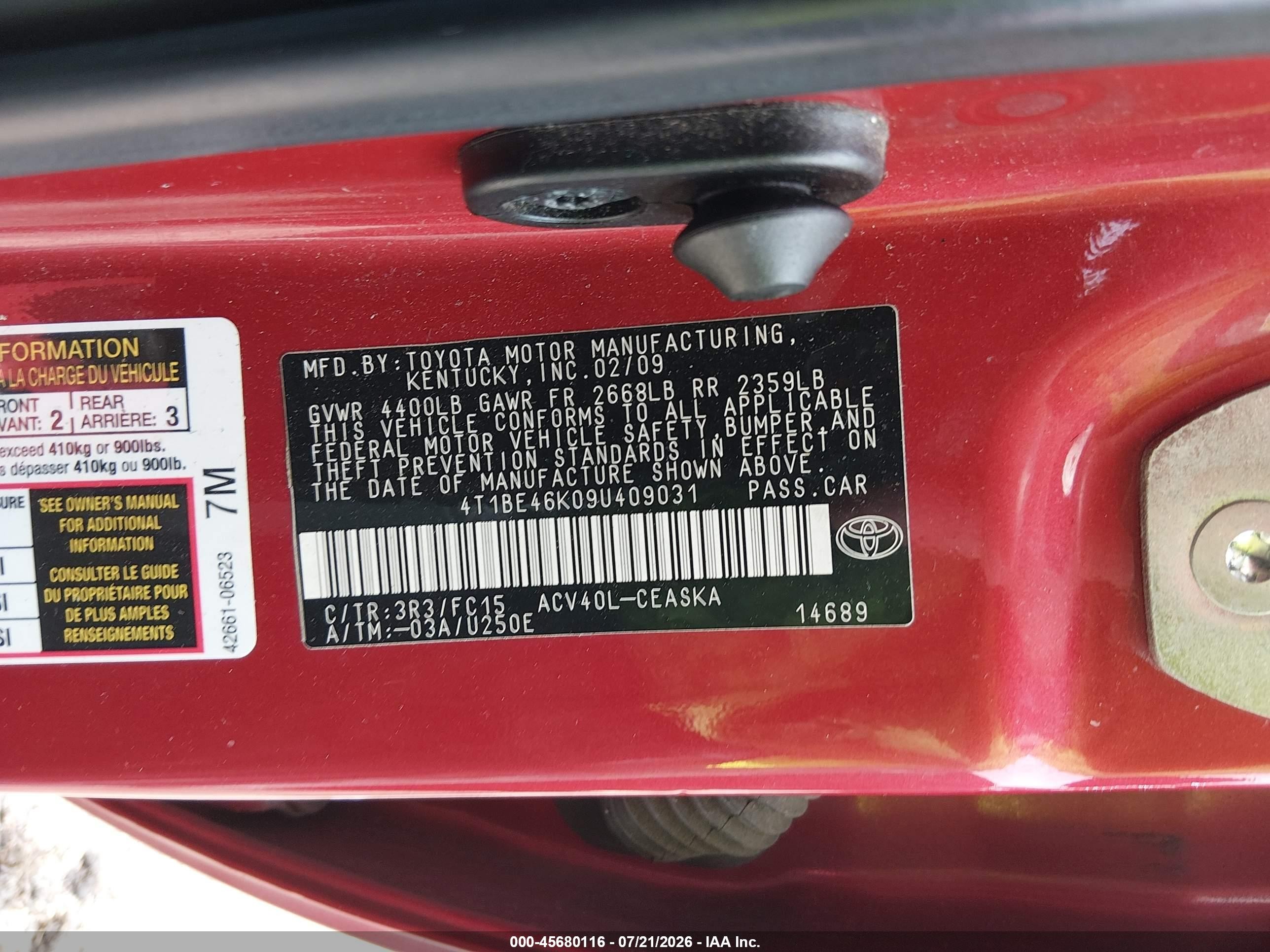 2009 Toyota Camry Se Red vin: 4T1BE46K09U409031