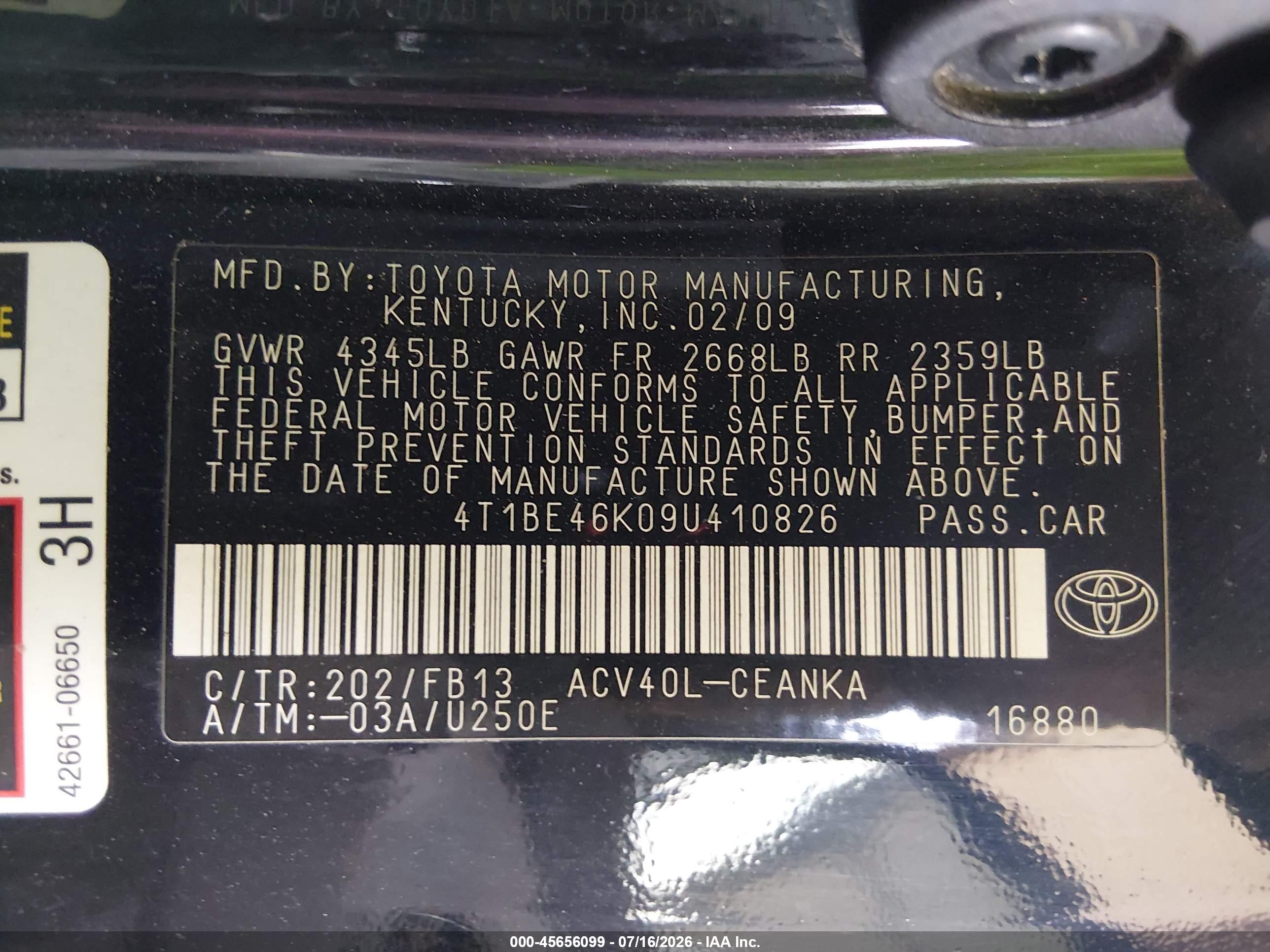 2009 Toyota Camry Le Black vin: 4T1BE46K09U410826
