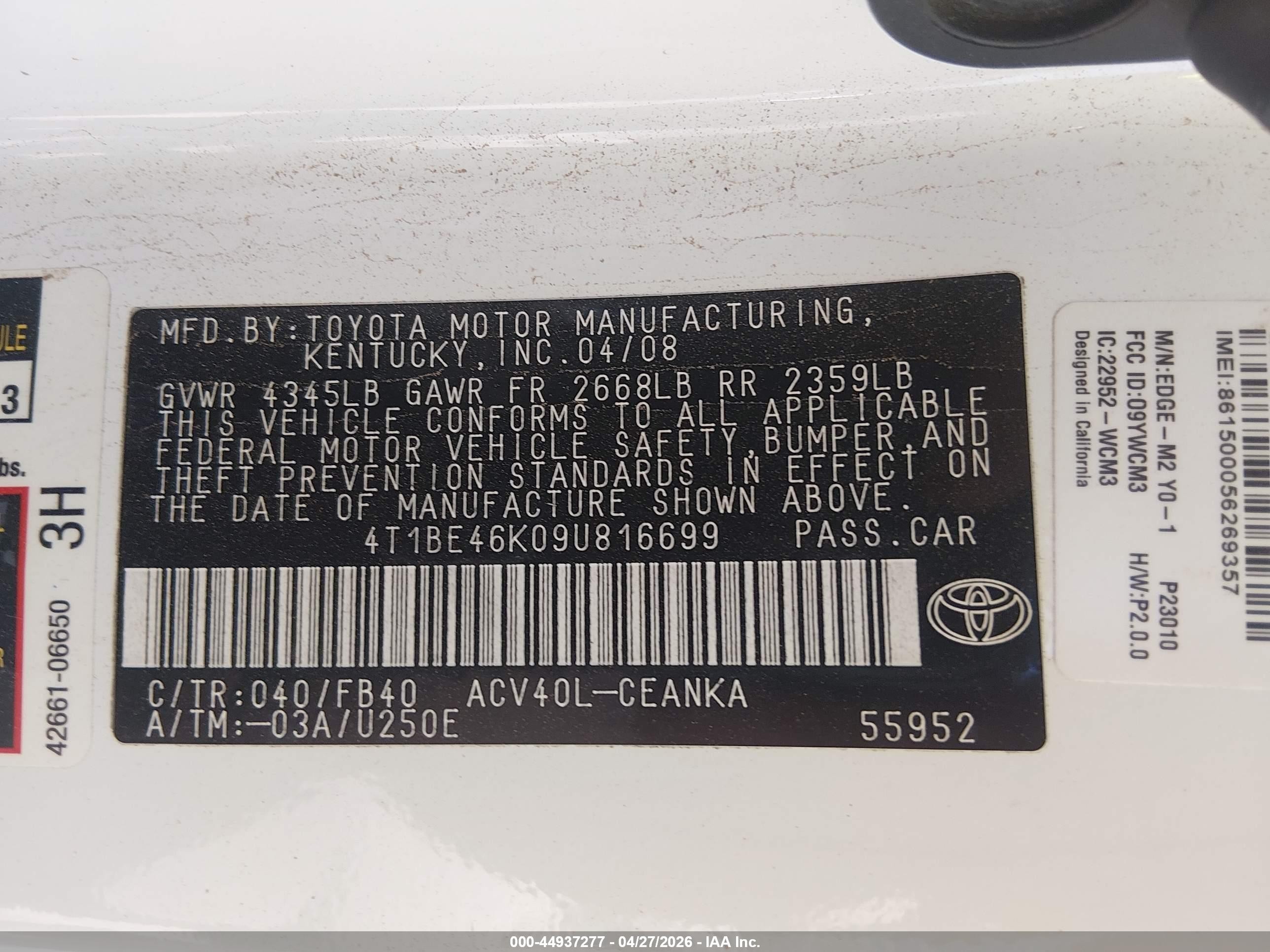 2009 Toyota Camry   Белый vin: 4T1BE46K09U816699