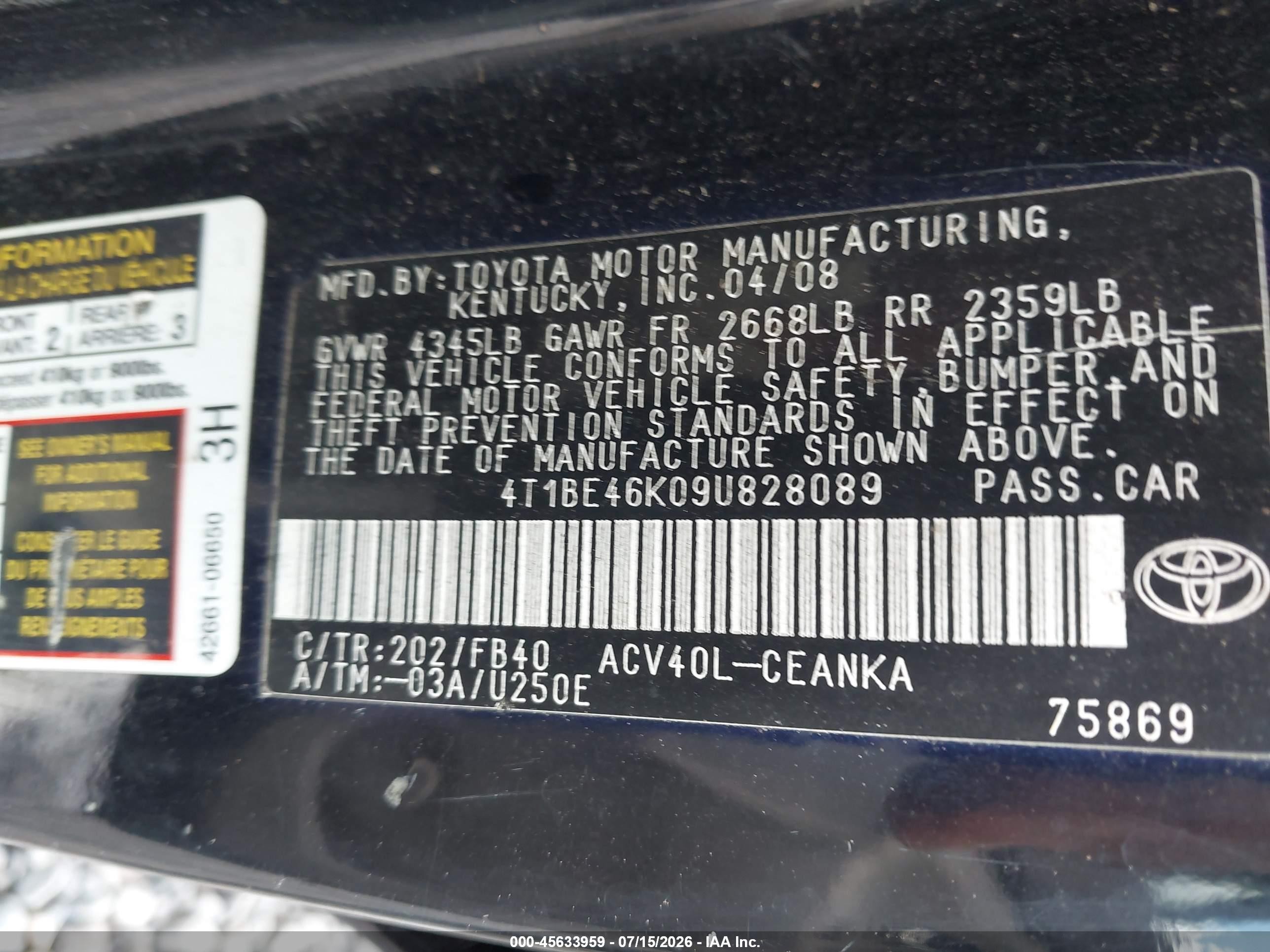 2009 Toyota Camry   Черный vin: 4T1BE46K09U828089