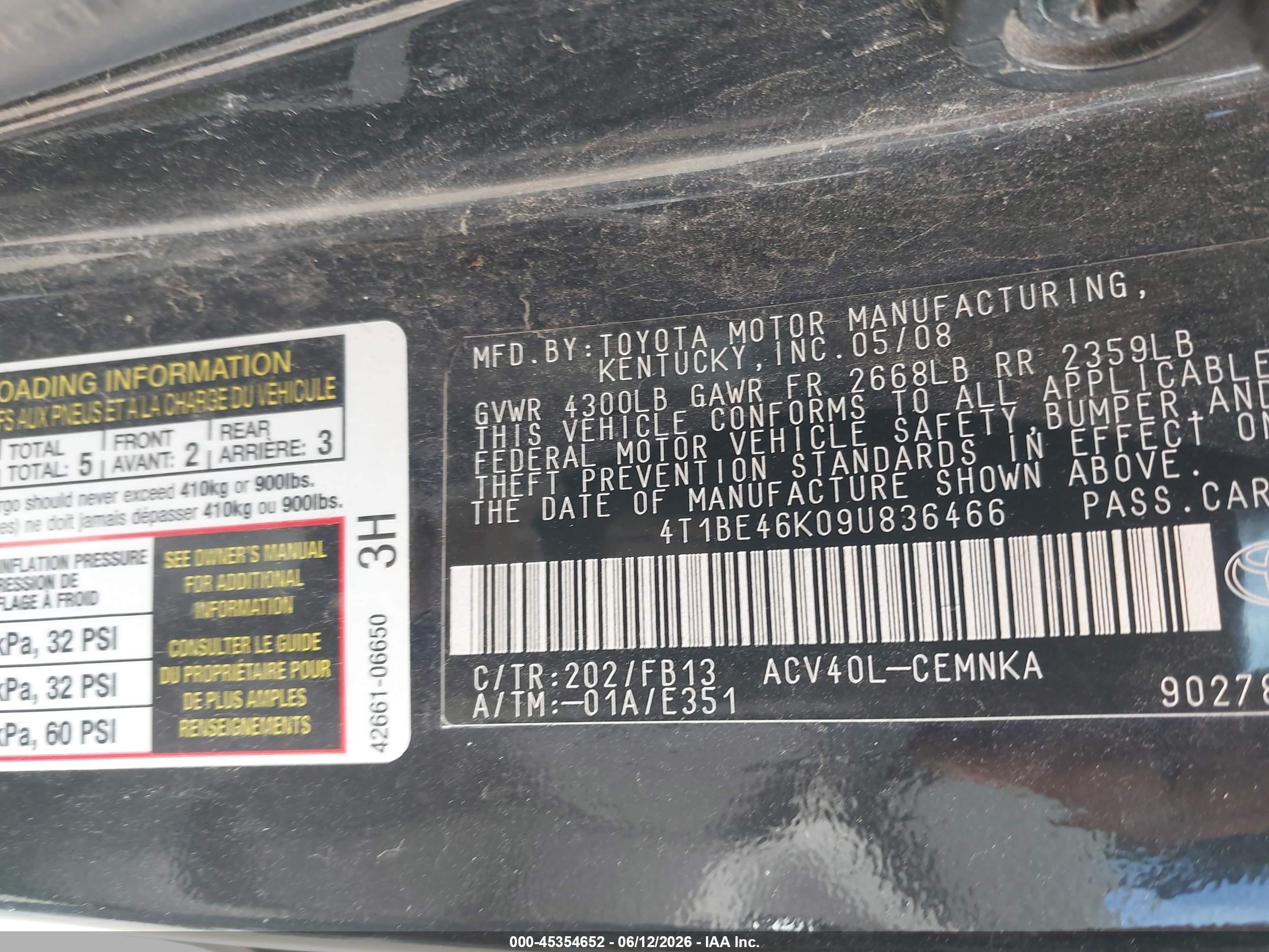 2009 Toyota Camry   Black vin: 4T1BE46K09U836466