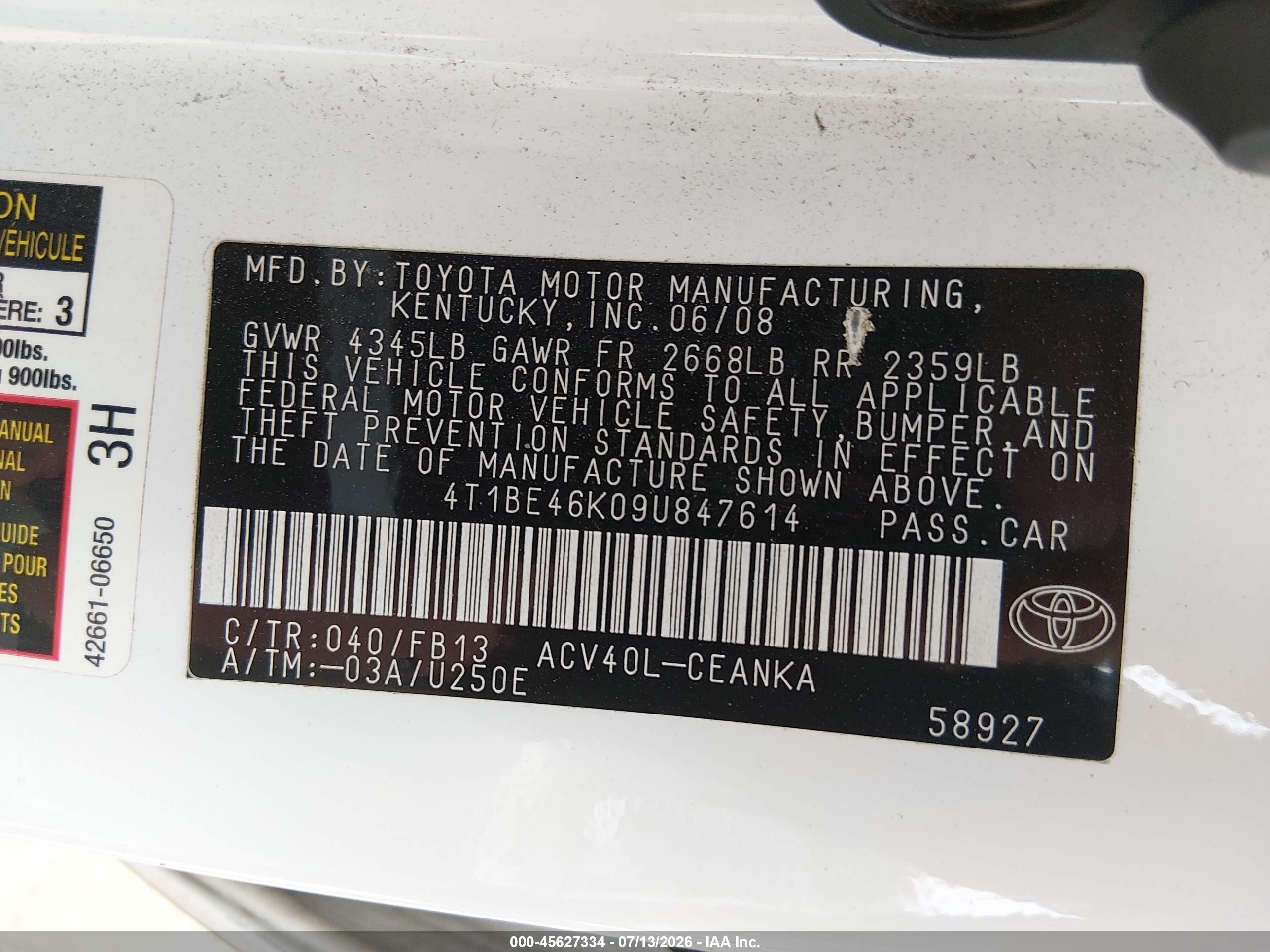 2009 Toyota Camry Le Белый vin: 4T1BE46K09U847614