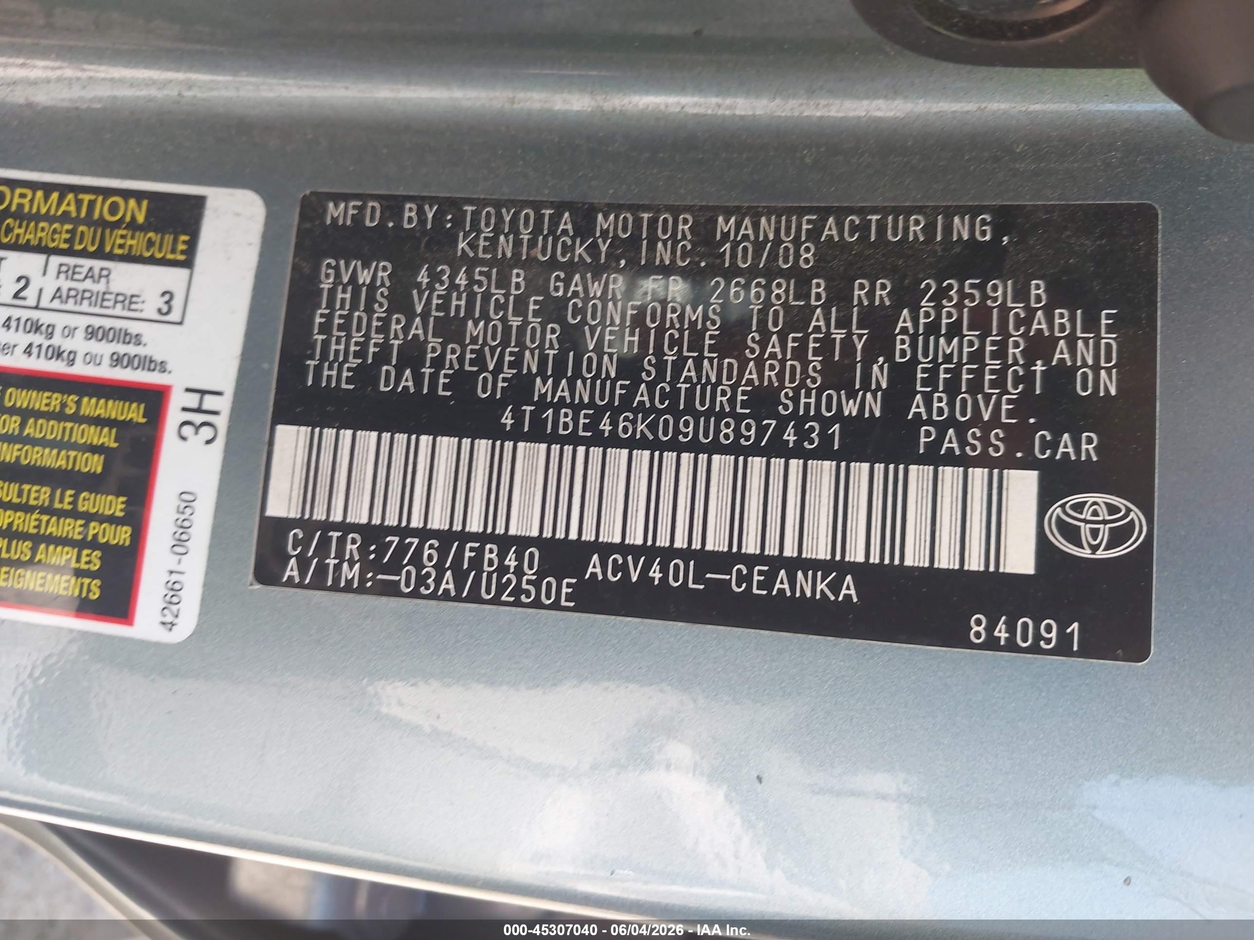 2009 Toyota Camry Le Green vin: 4T1BE46K09U897431