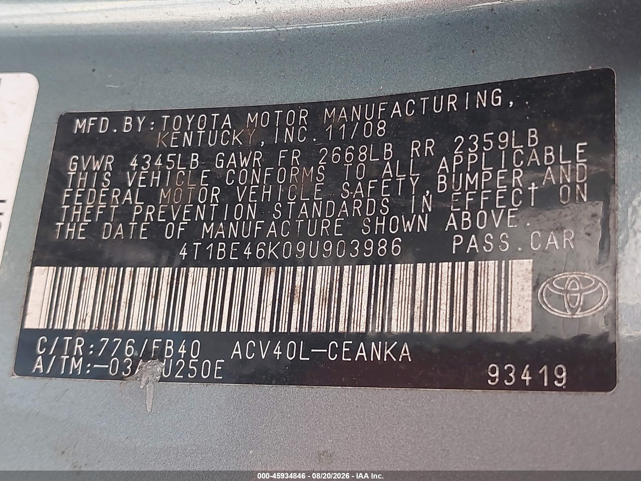 2009 Toyota Camry Le Blue vin: 4T1BE46K09U903986