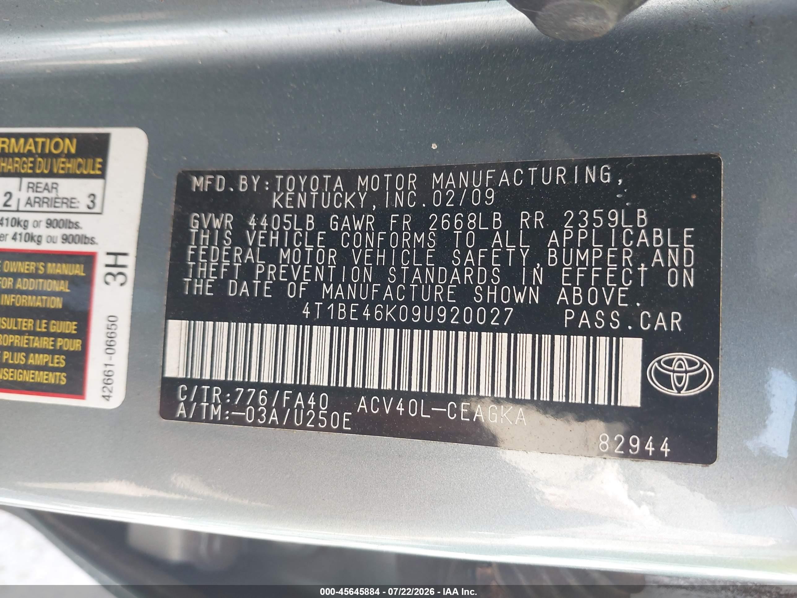 2009 Toyota Camry Xle Green vin: 4T1BE46K09U920027