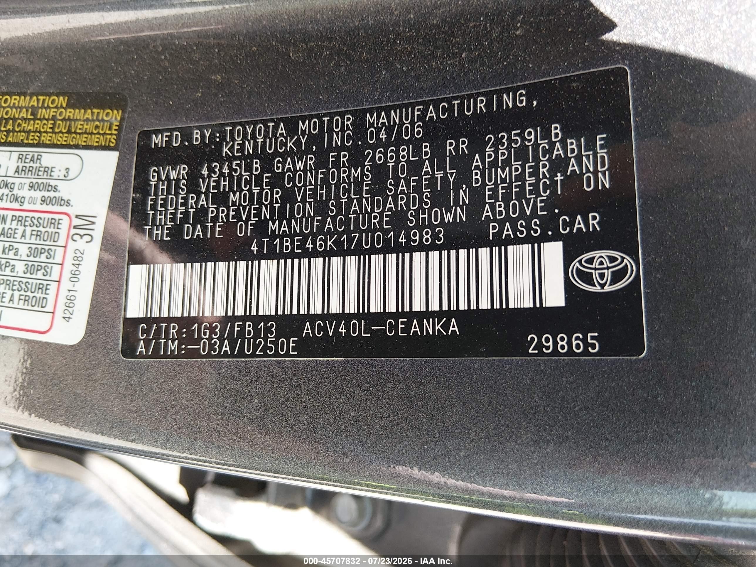 2007 Toyota Camry Le Серый vin: 4T1BE46K17U014983