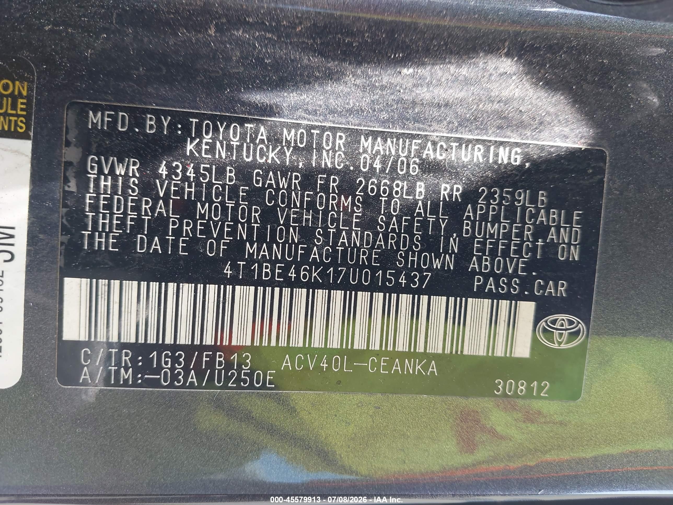 2007 Toyota Camry Le Серый vin: 4T1BE46K17U015437