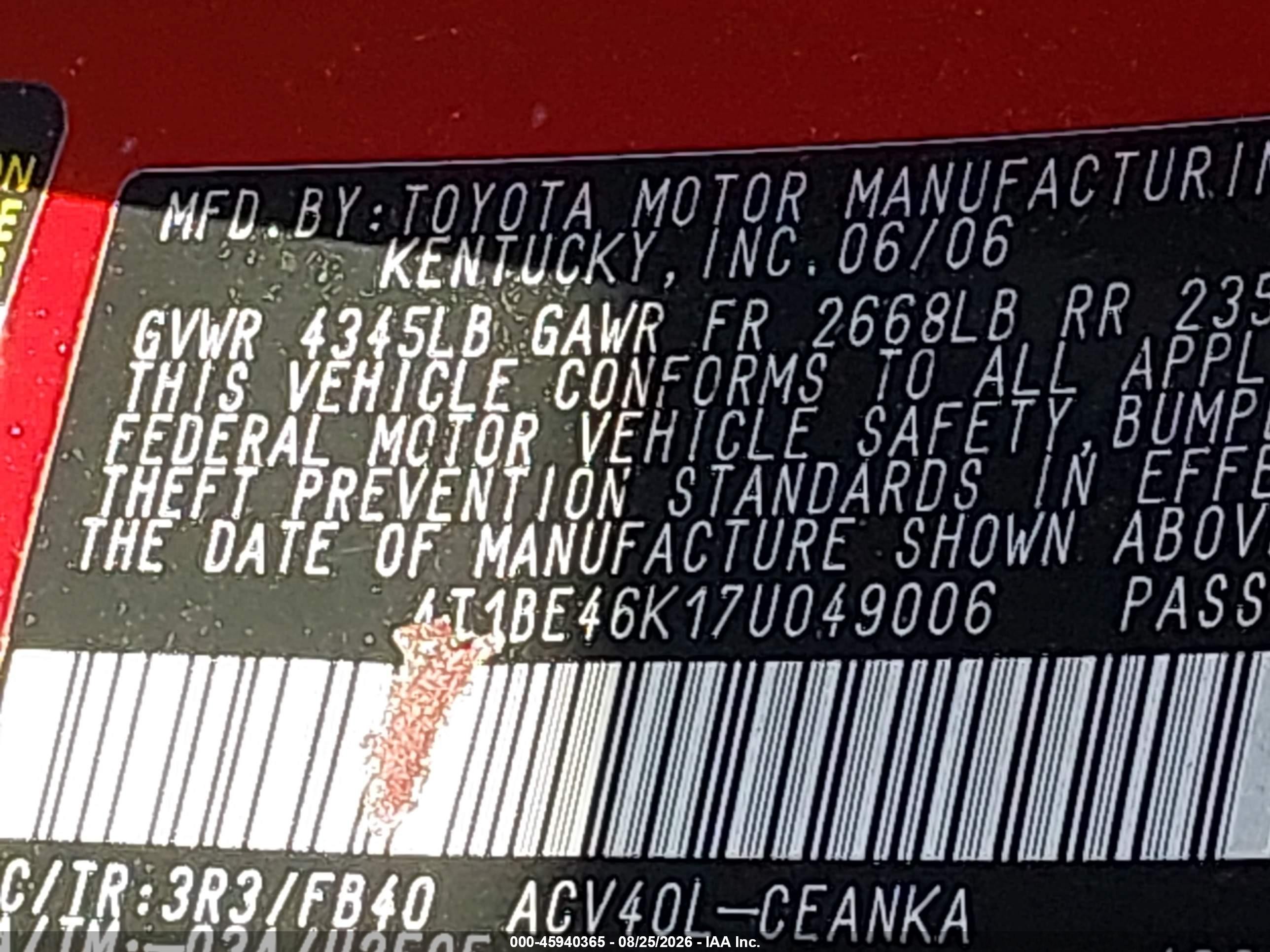 2007 Toyota Camry Le Red vin: 4T1BE46K17U049006