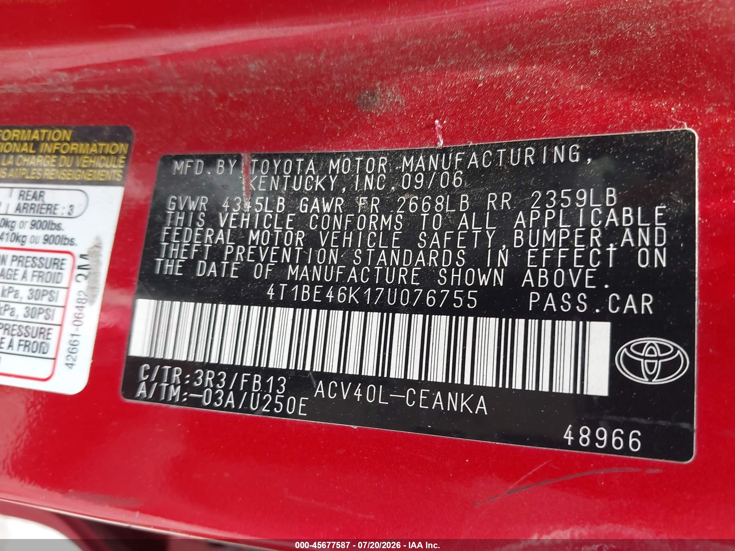 2007 Toyota Camry Le Red vin: 4T1BE46K17U076755