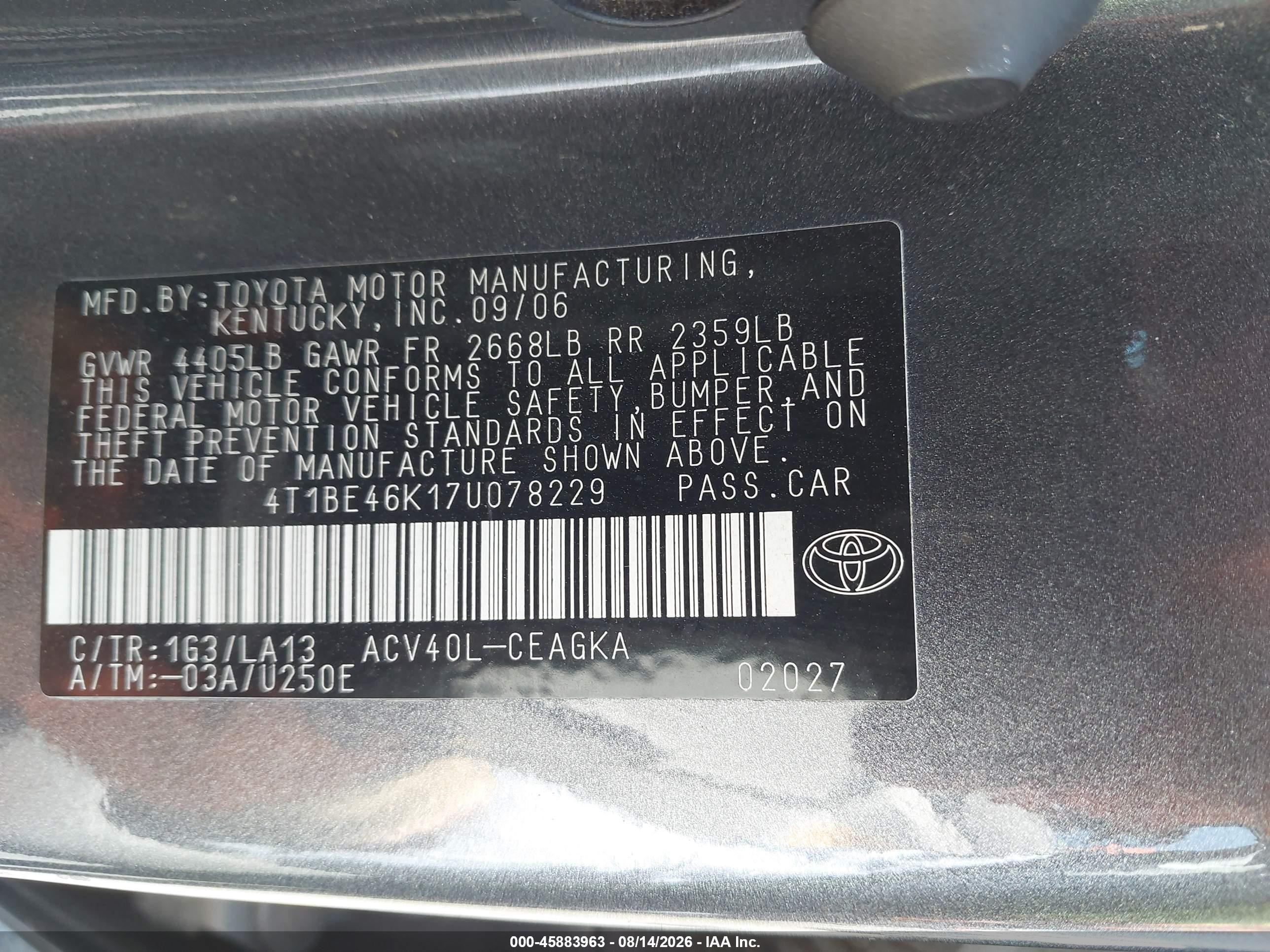 2007 Toyota Camry Xle Gray vin: 4T1BE46K17U078229