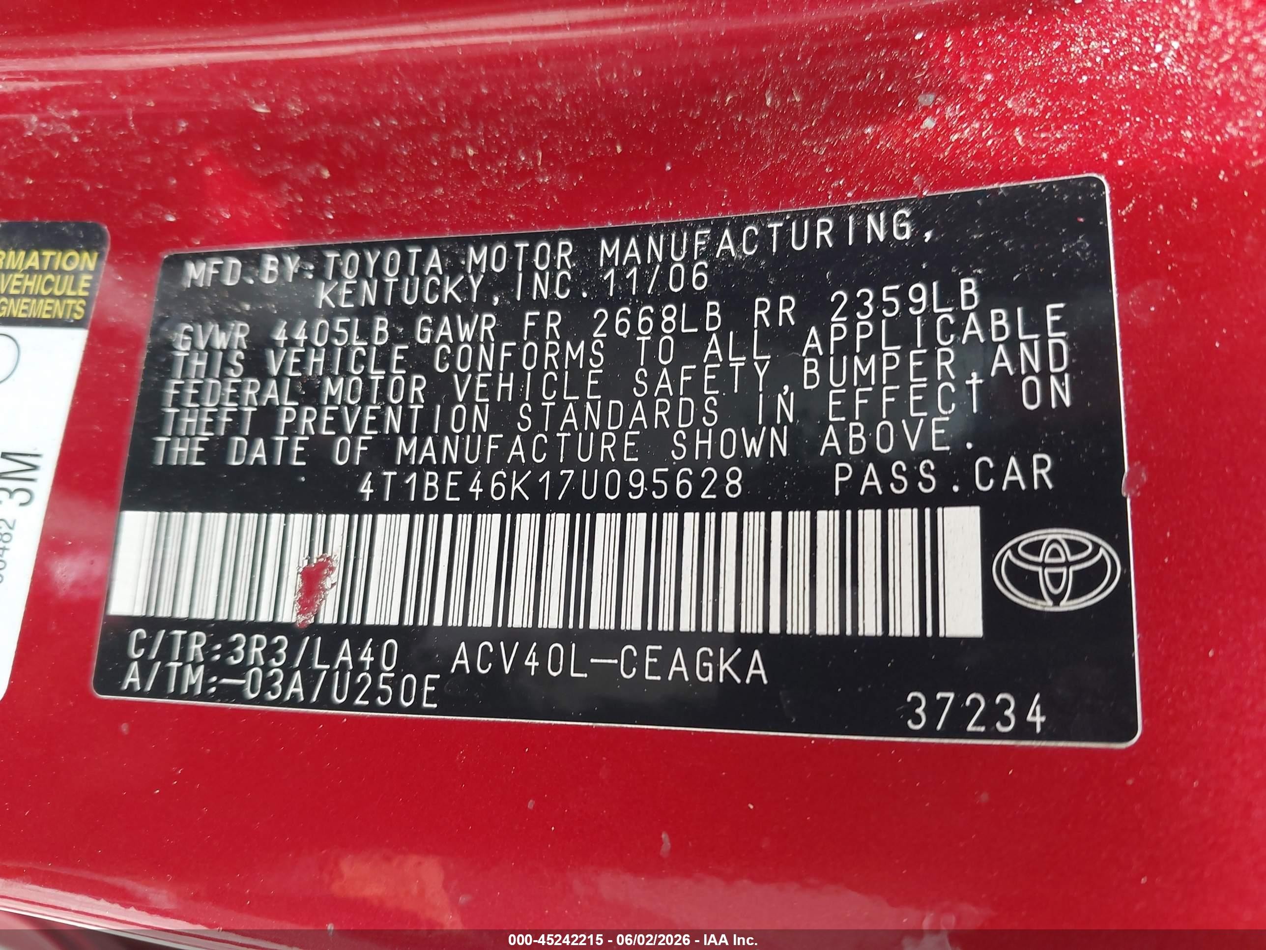2007 Toyota Camry Xle Red vin: 4T1BE46K17U095628