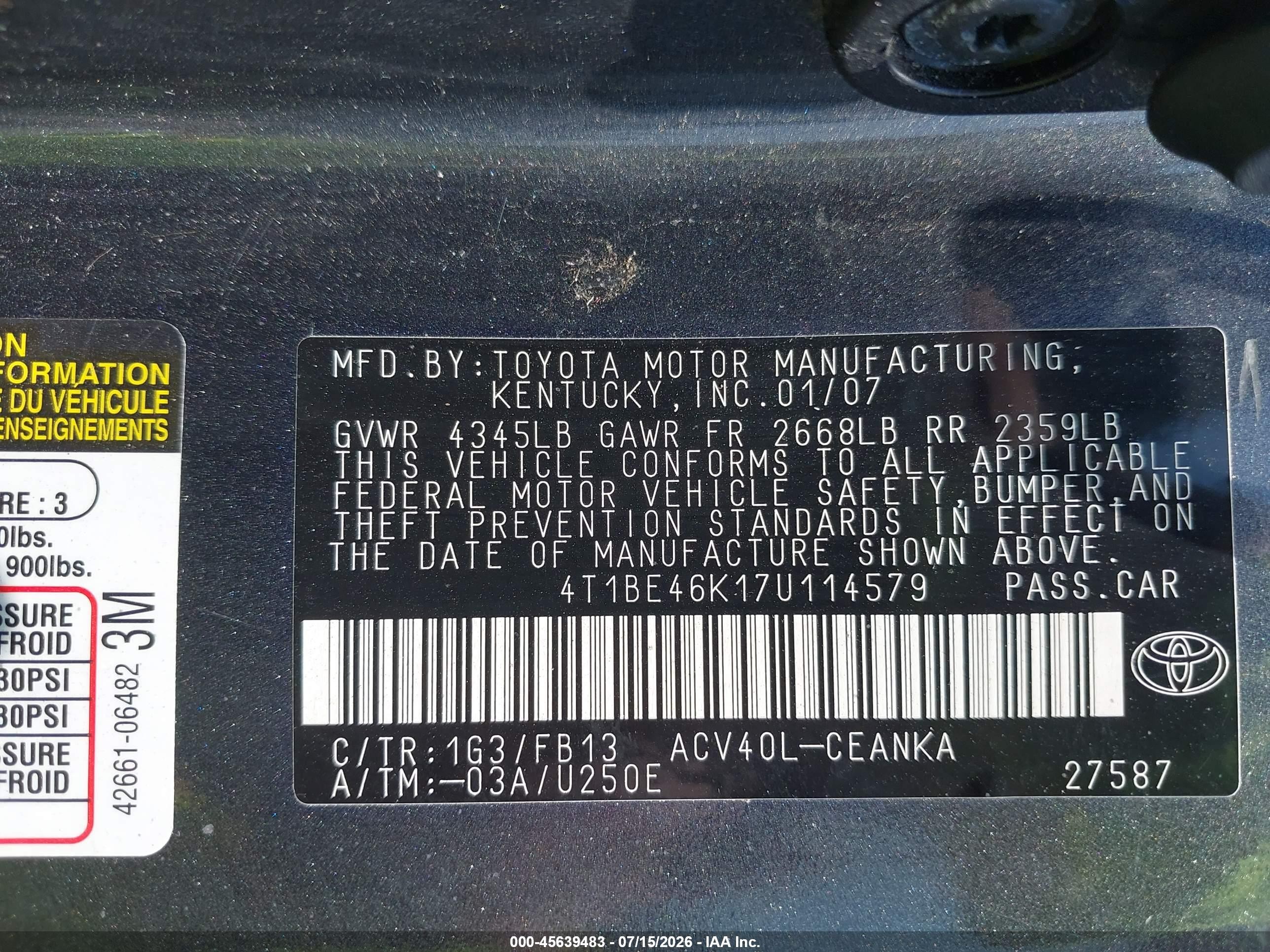 2007 Toyota Camry Le Gray vin: 4T1BE46K17U114579