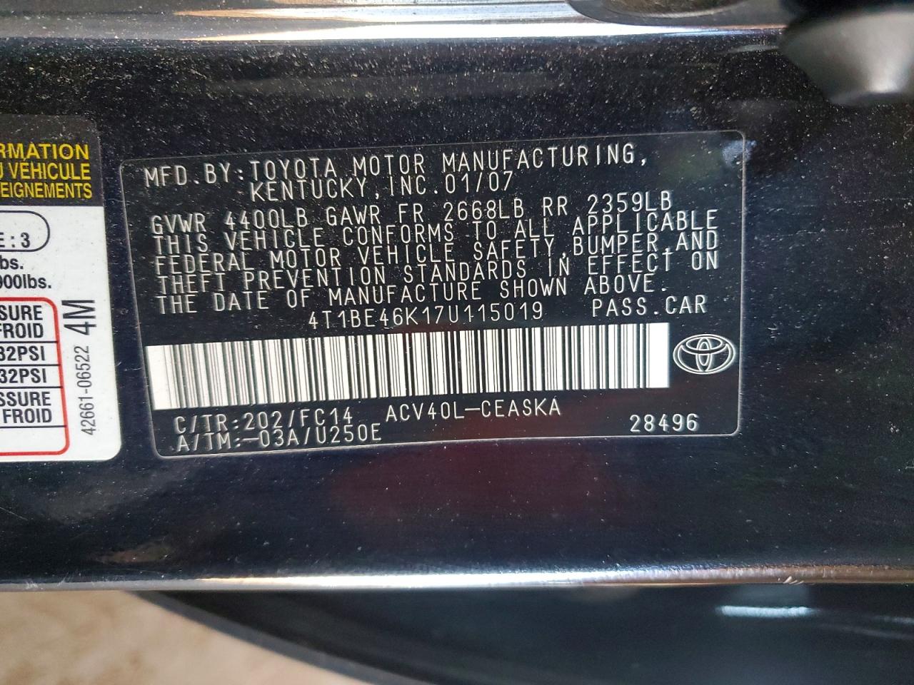 2007 Toyota Camry Ce Black vin: 4T1BE46K17U115019
