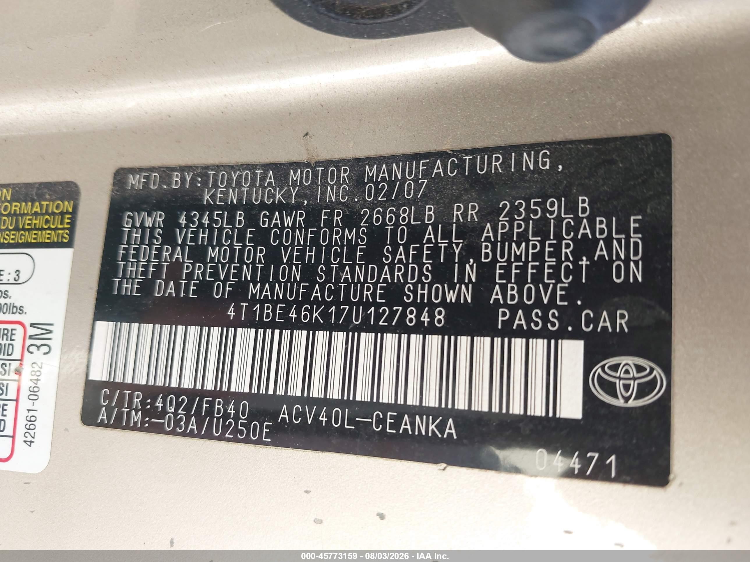 2007 Toyota Camry Le Серебряный vin: 4T1BE46K17U127848