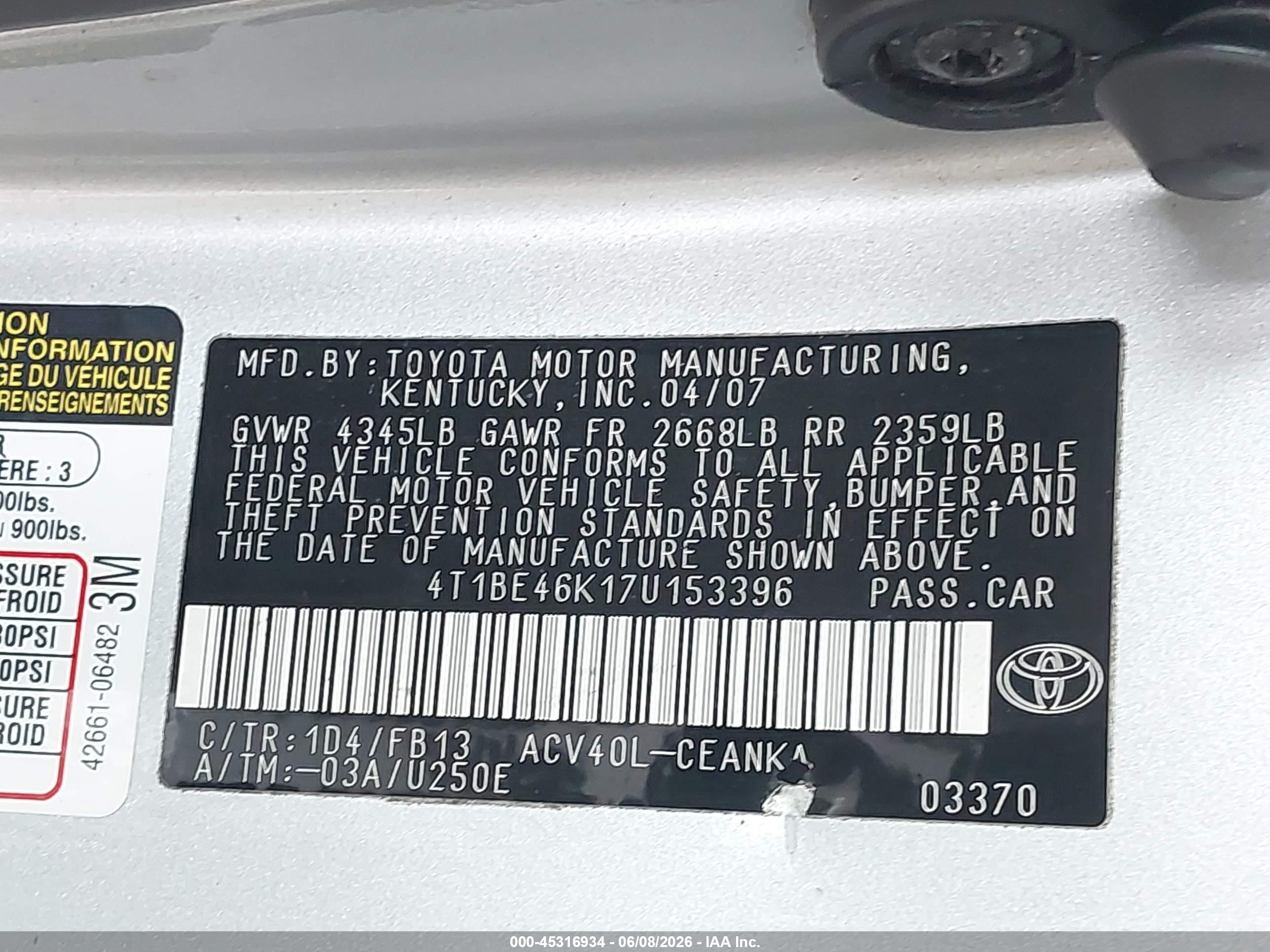 2007 Toyota Camry Le Silver vin: 4T1BE46K17U153396