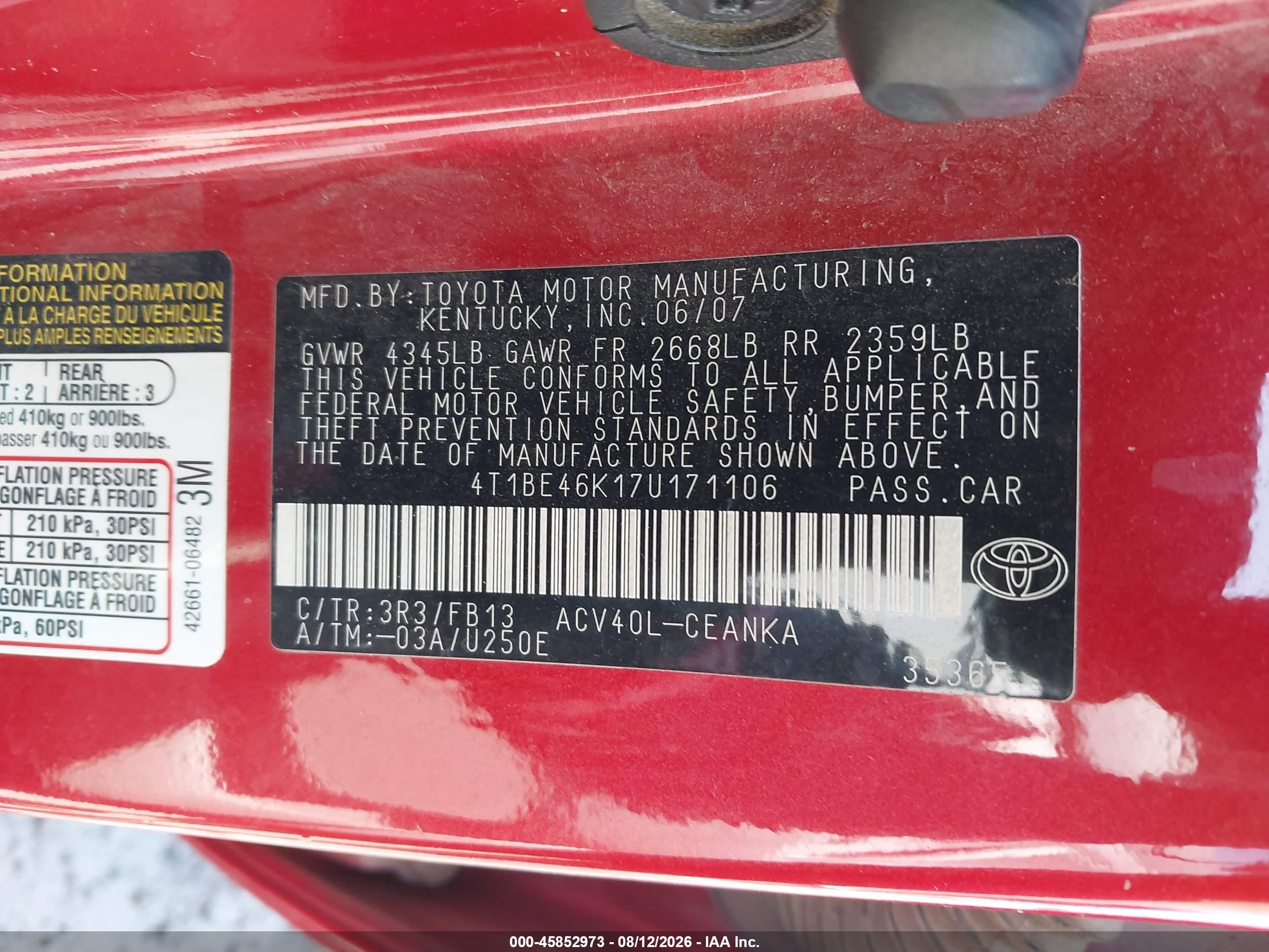 2007 Toyota Camry Le Red vin: 4T1BE46K17U171106