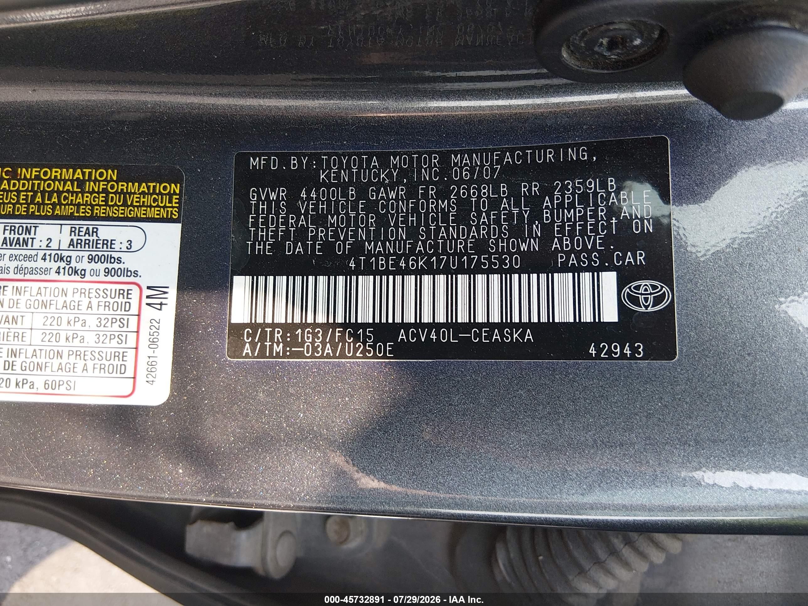 2007 Toyota Camry Se Серый vin: 4T1BE46K17U175530