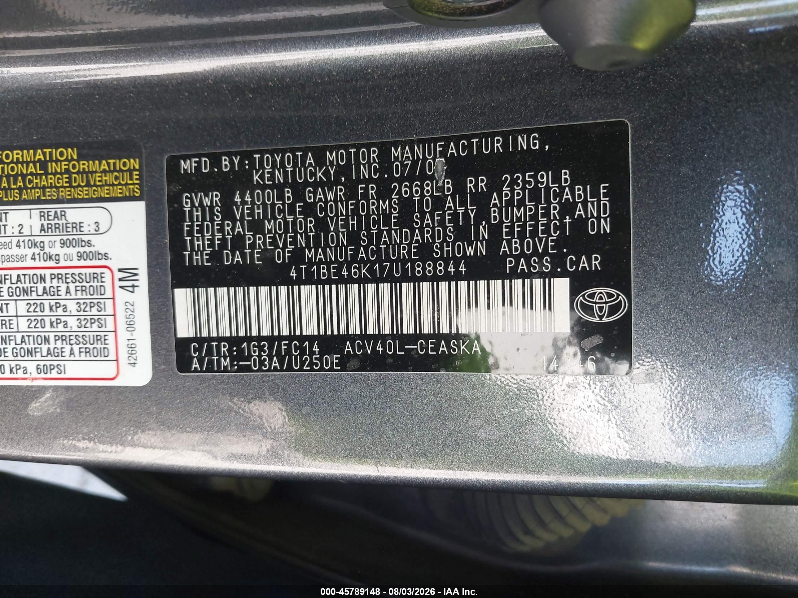 2007 Toyota Camry Se Серый vin: 4T1BE46K17U188844