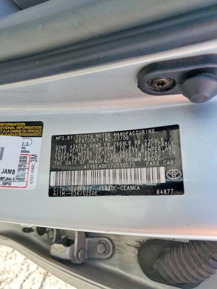 2007 Toyota Camry Le Silver vin: 4T1BE46K17U510575
