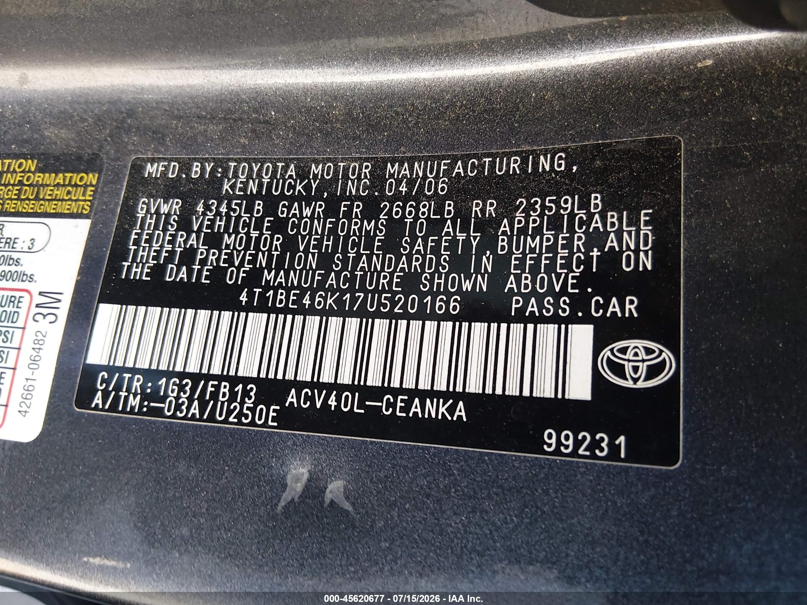 2007 Toyota Camry Le Gray vin: 4T1BE46K17U520166
