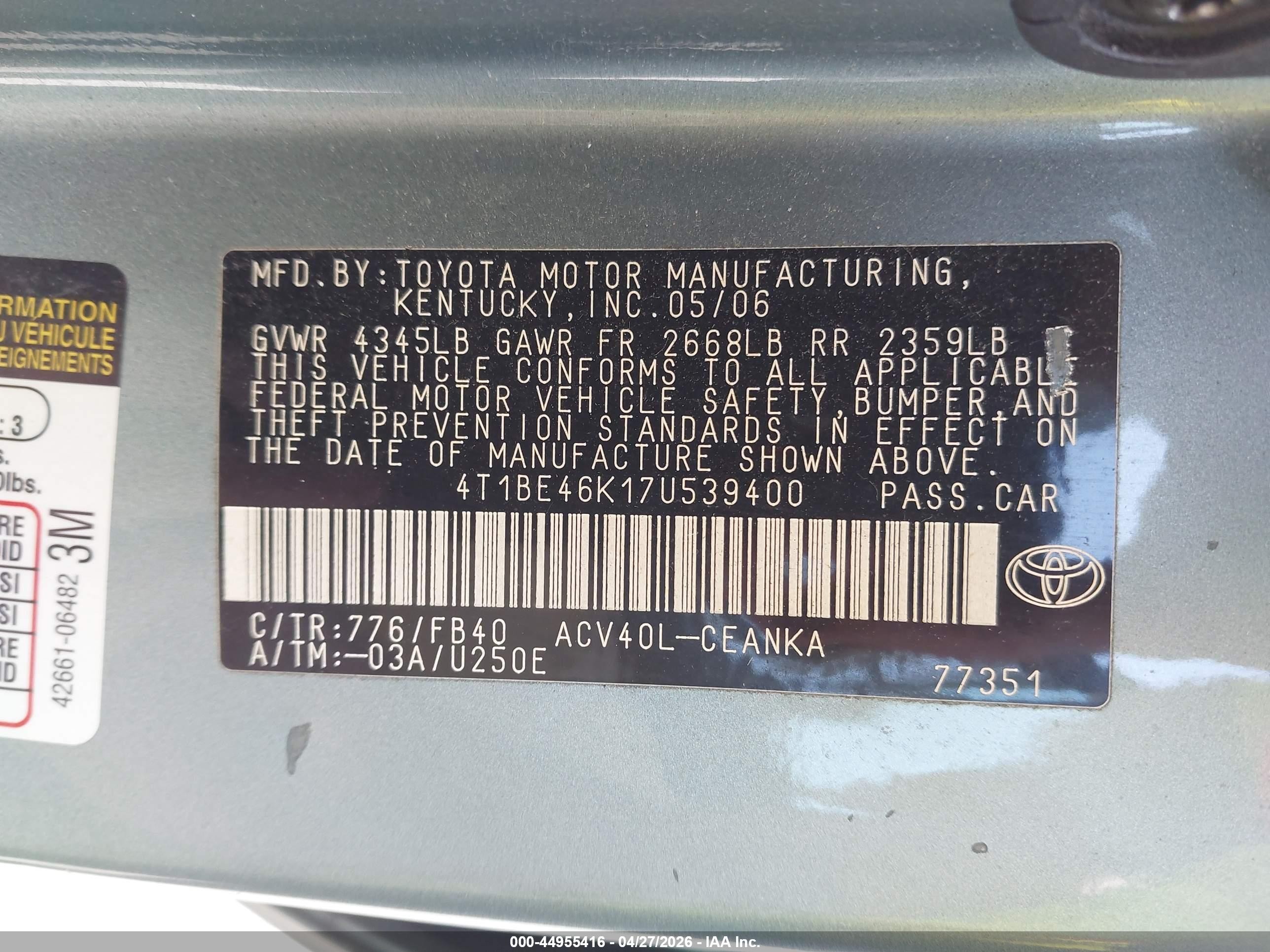 2007 Toyota Camry Le Blue vin: 4T1BE46K17U539400