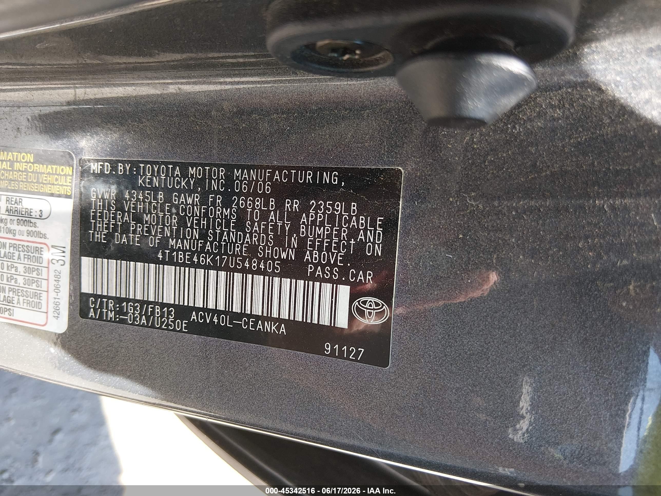 2007 Toyota Camry Le Gray vin: 4T1BE46K17U548405