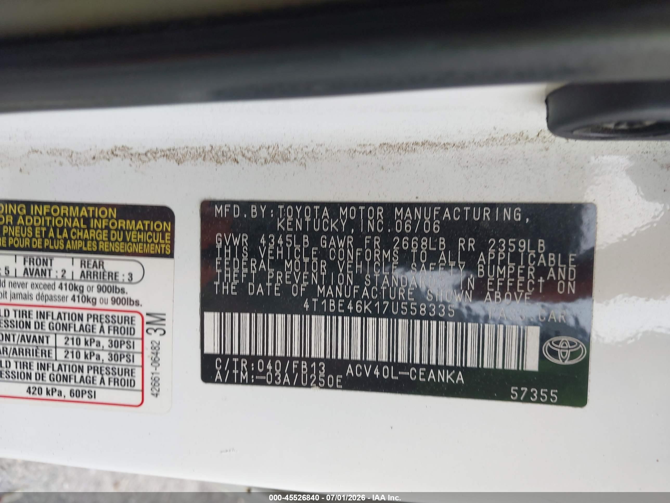 2007 Toyota Camry Le White vin: 4T1BE46K17U558335