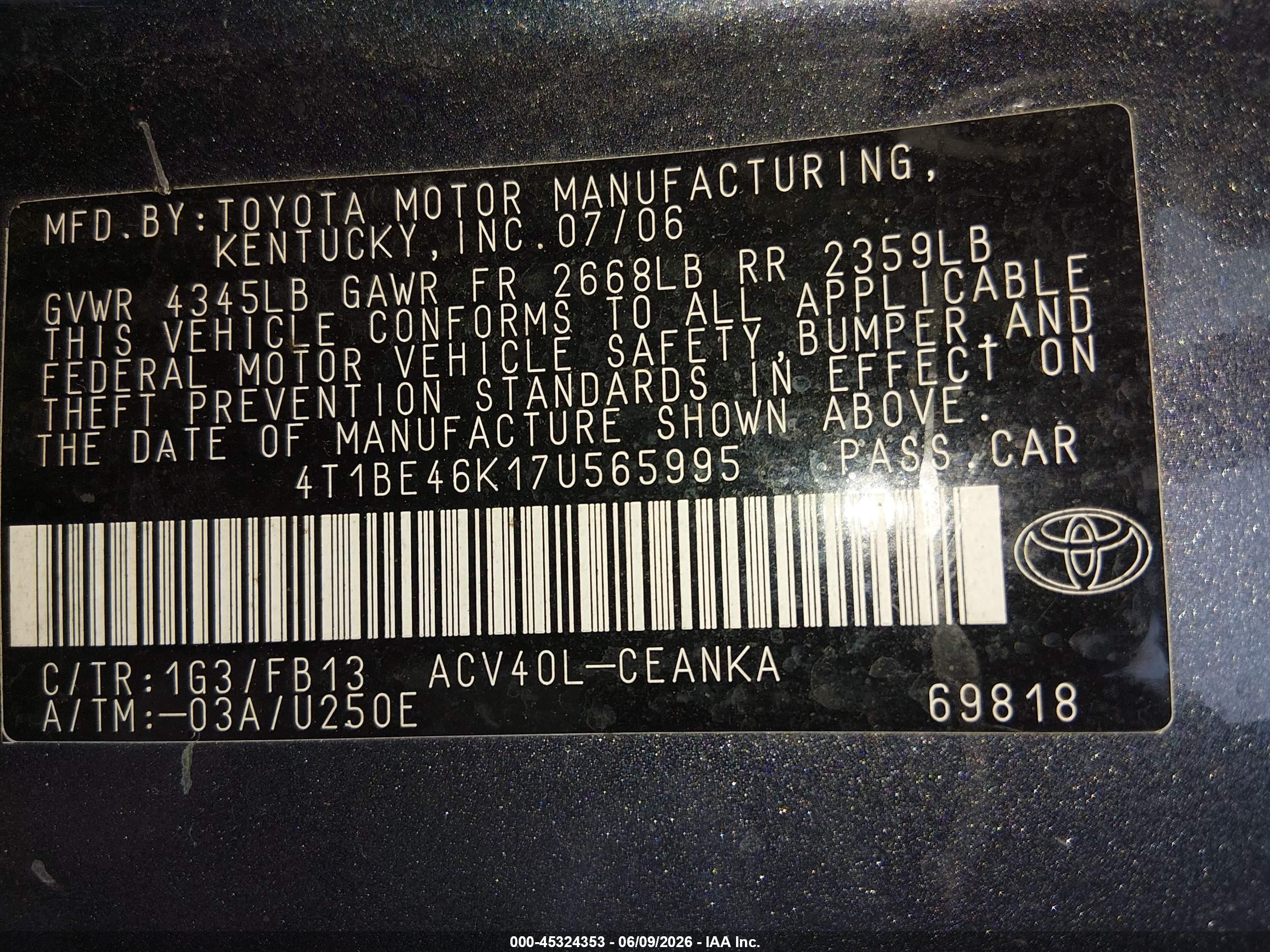 2007 Toyota Camry Le Gray vin: 4T1BE46K17U565995