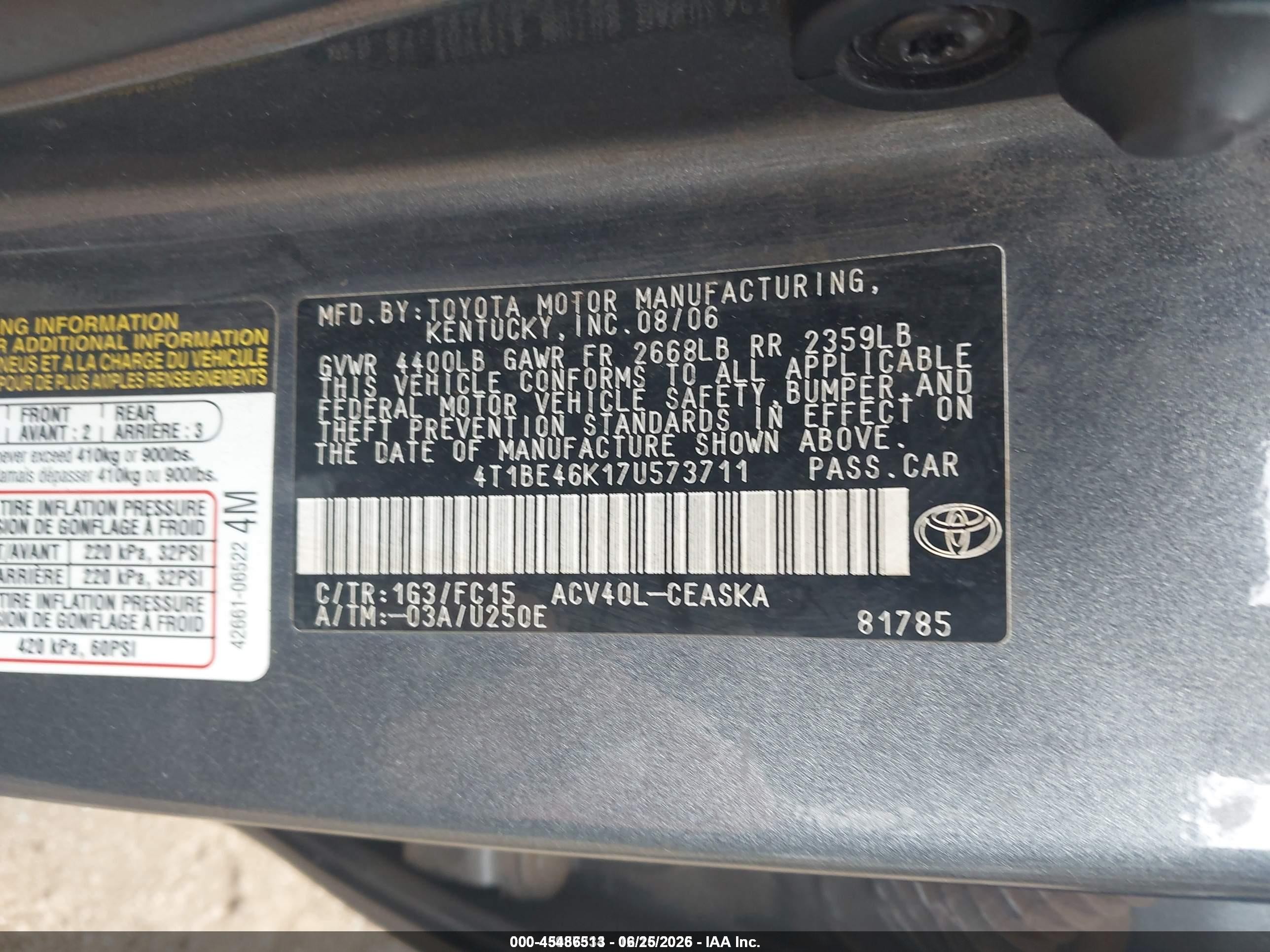 2007 Toyota Camry Se Gray vin: 4T1BE46K17U573711