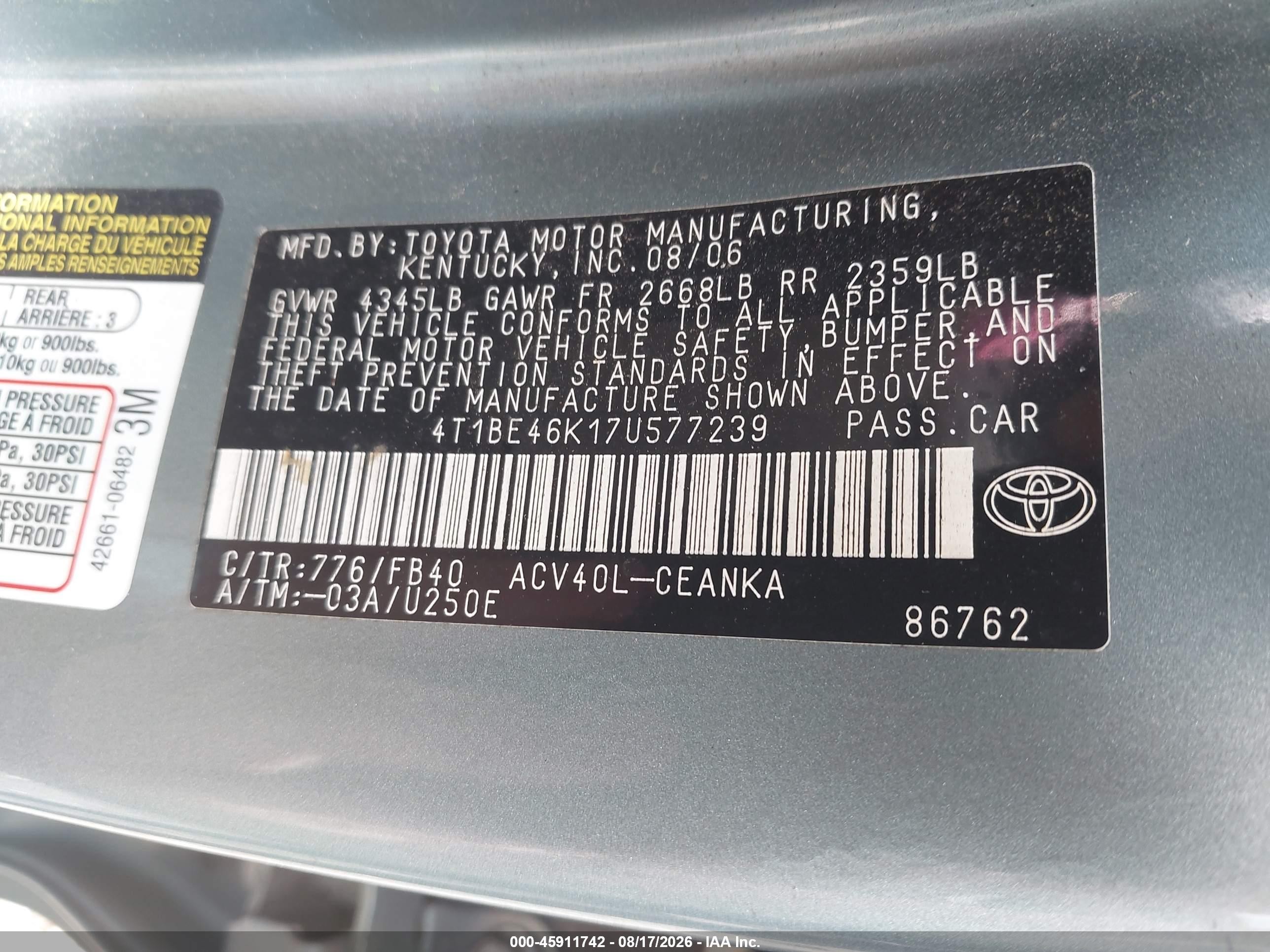 2007 Toyota Camry Le Green vin: 4T1BE46K17U577239