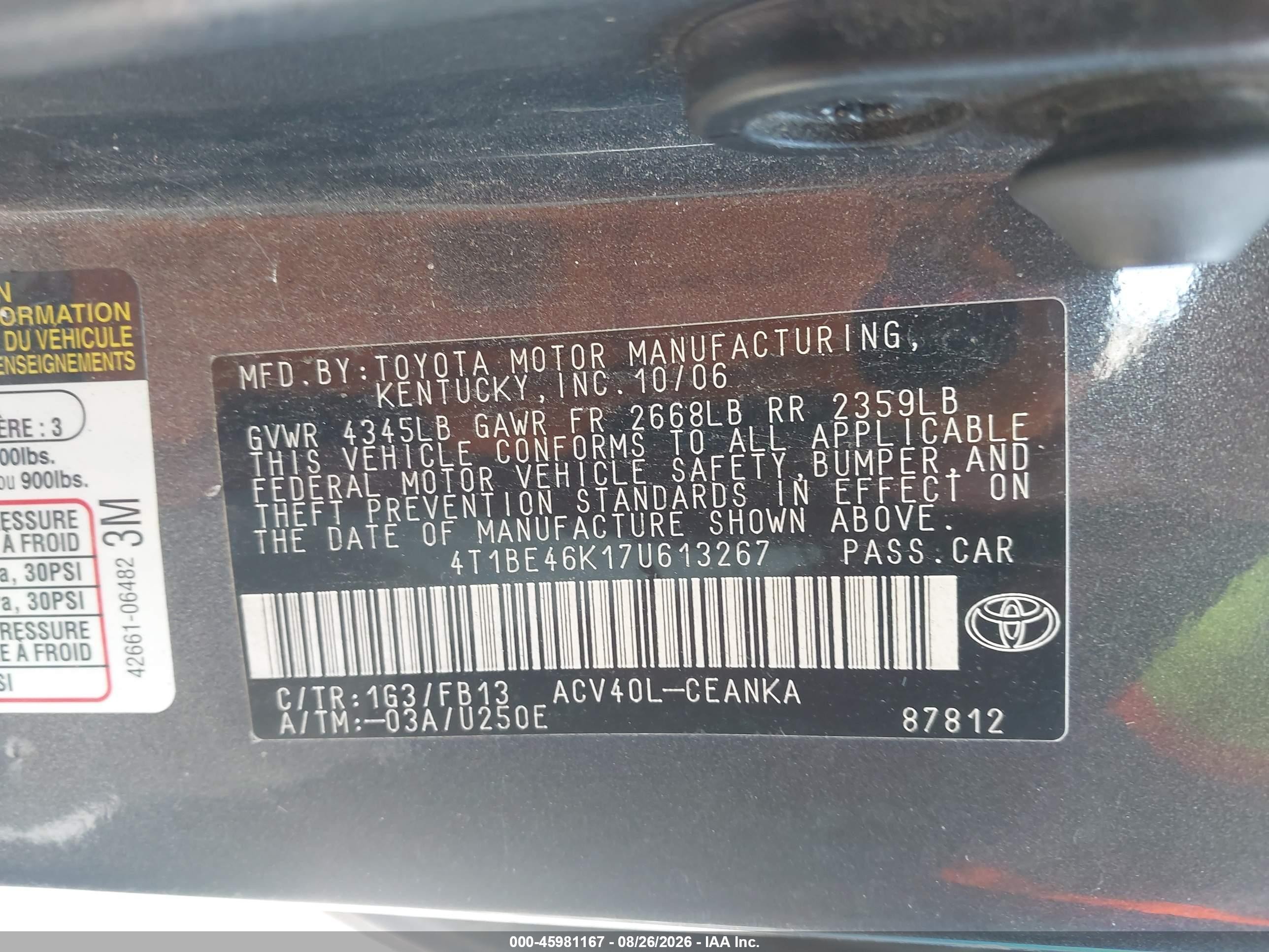 2007 Toyota Camry Le Gray vin: 4T1BE46K17U613267