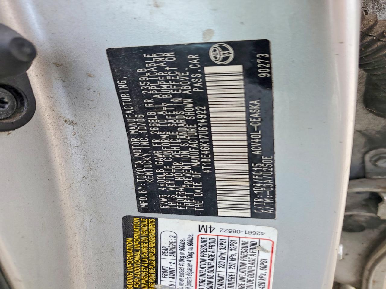 2007 Toyota Camry Se Silver vin: 4T1BE46K17U614922