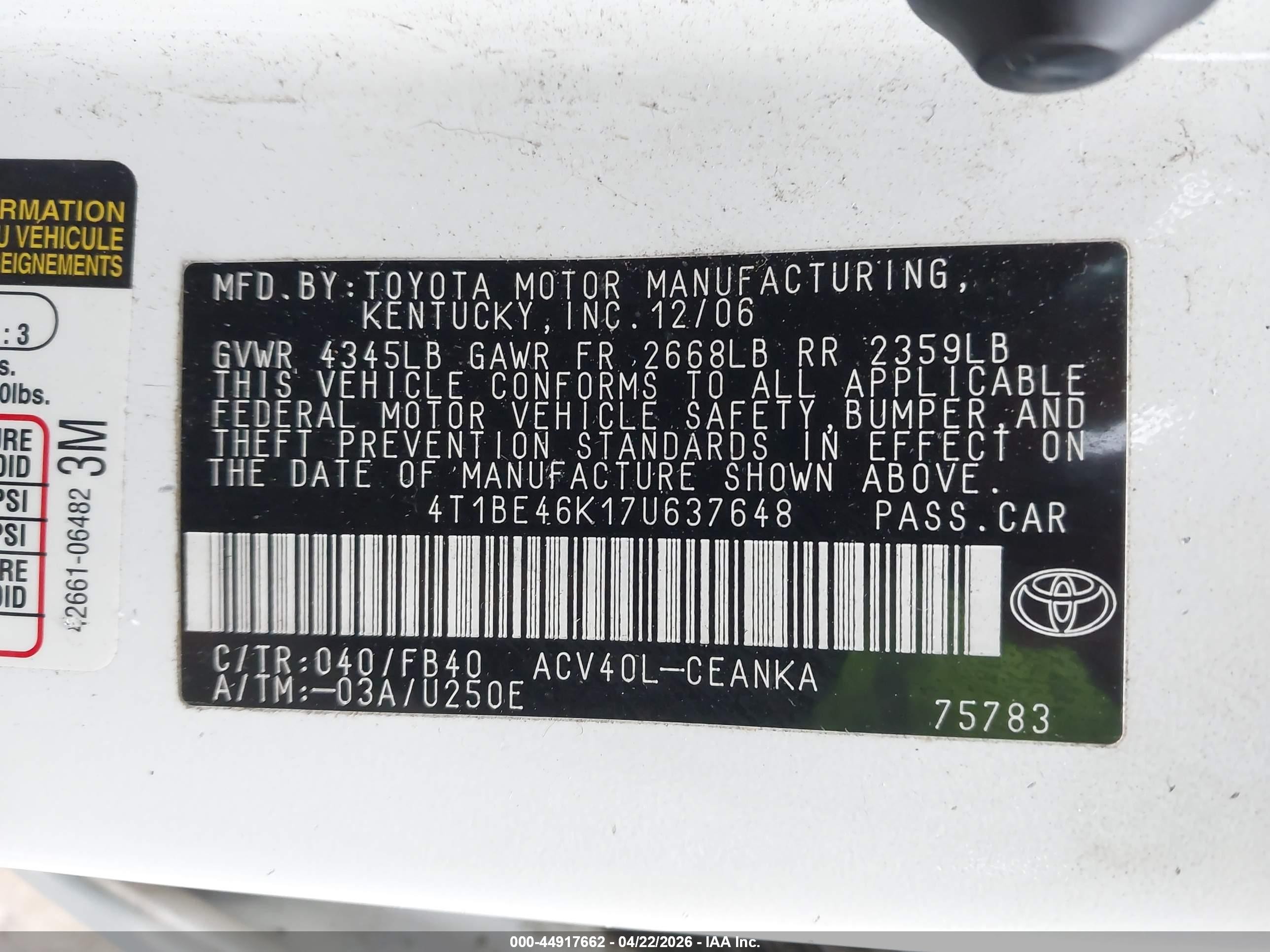 2007 Toyota Camry Le White vin: 4T1BE46K17U637648
