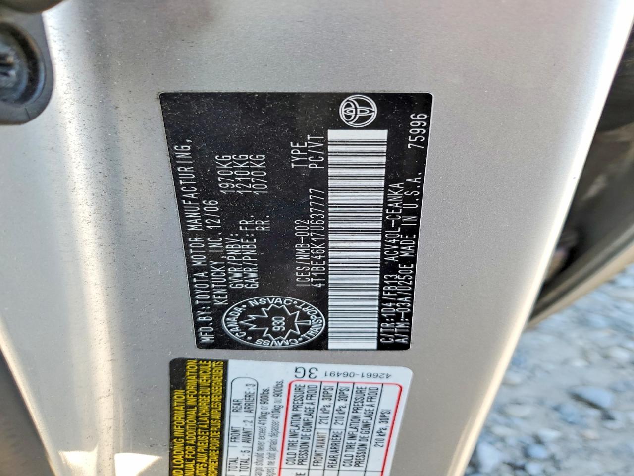2007 Toyota Camry Ce/le/xle/se Silver vin: 4T1BE46K17U637777