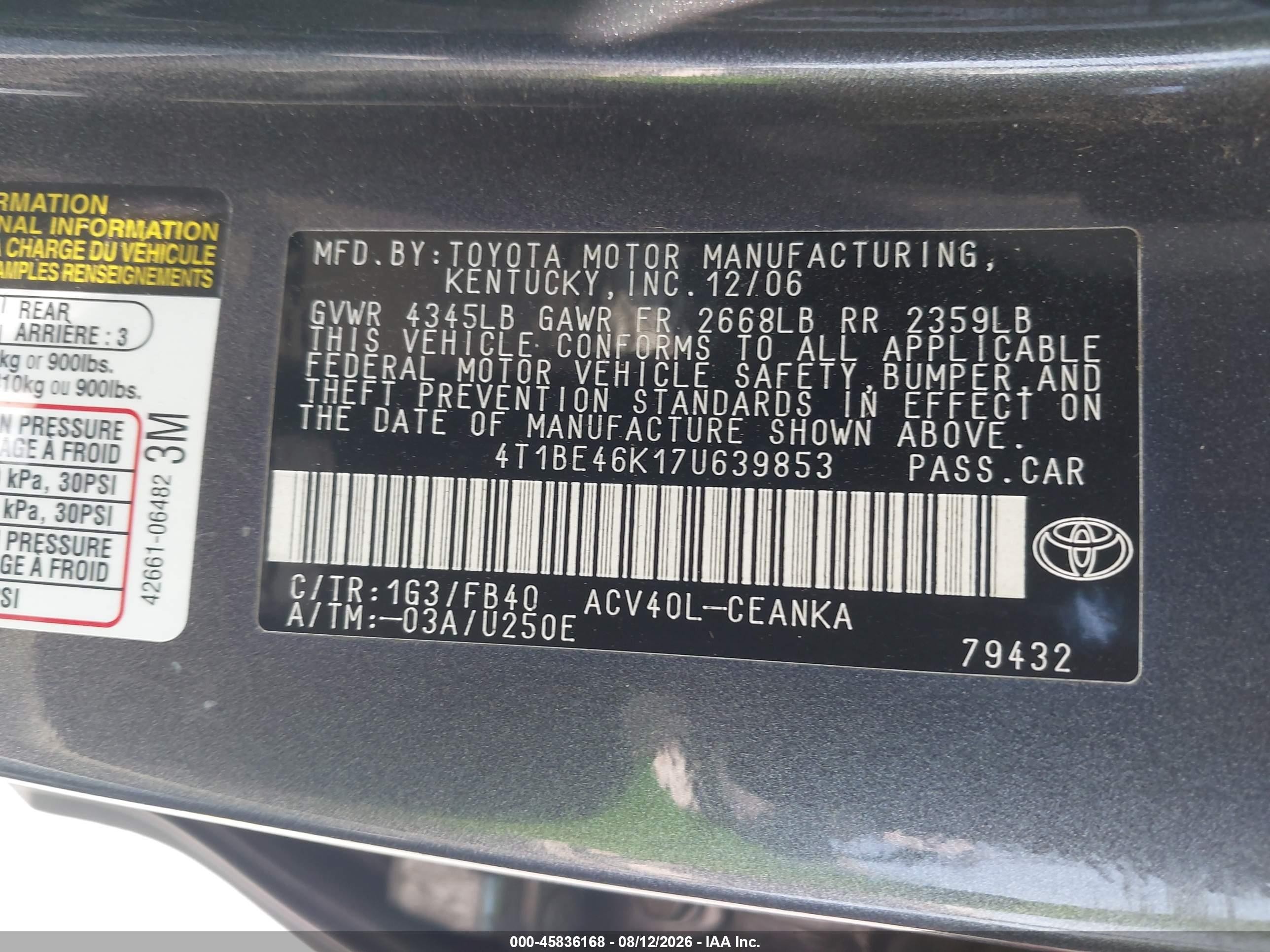 2007 Toyota Camry Le Gray vin: 4T1BE46K17U639853
