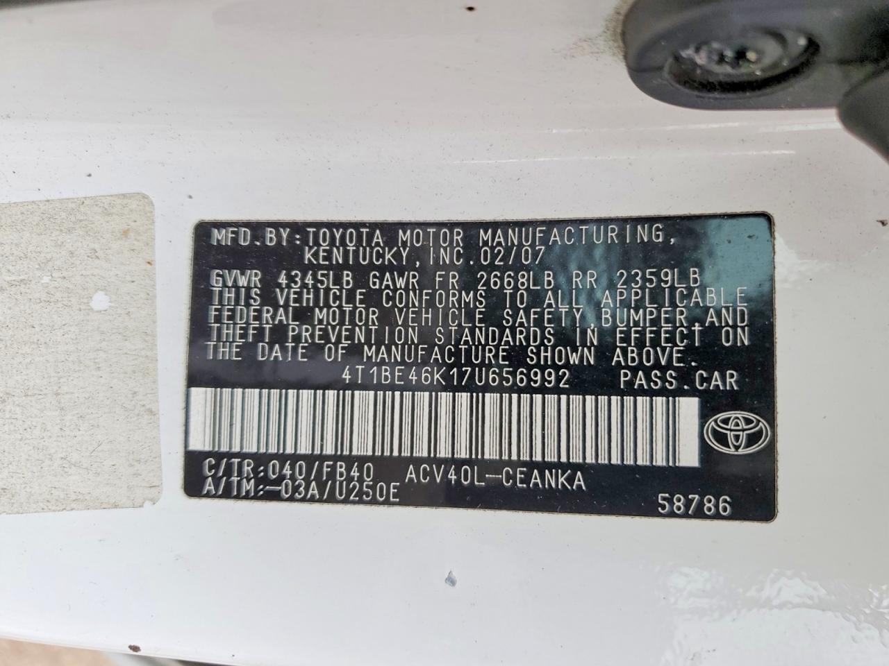 2007 Toyota Camry Le White vin: 4T1BE46K17U656992