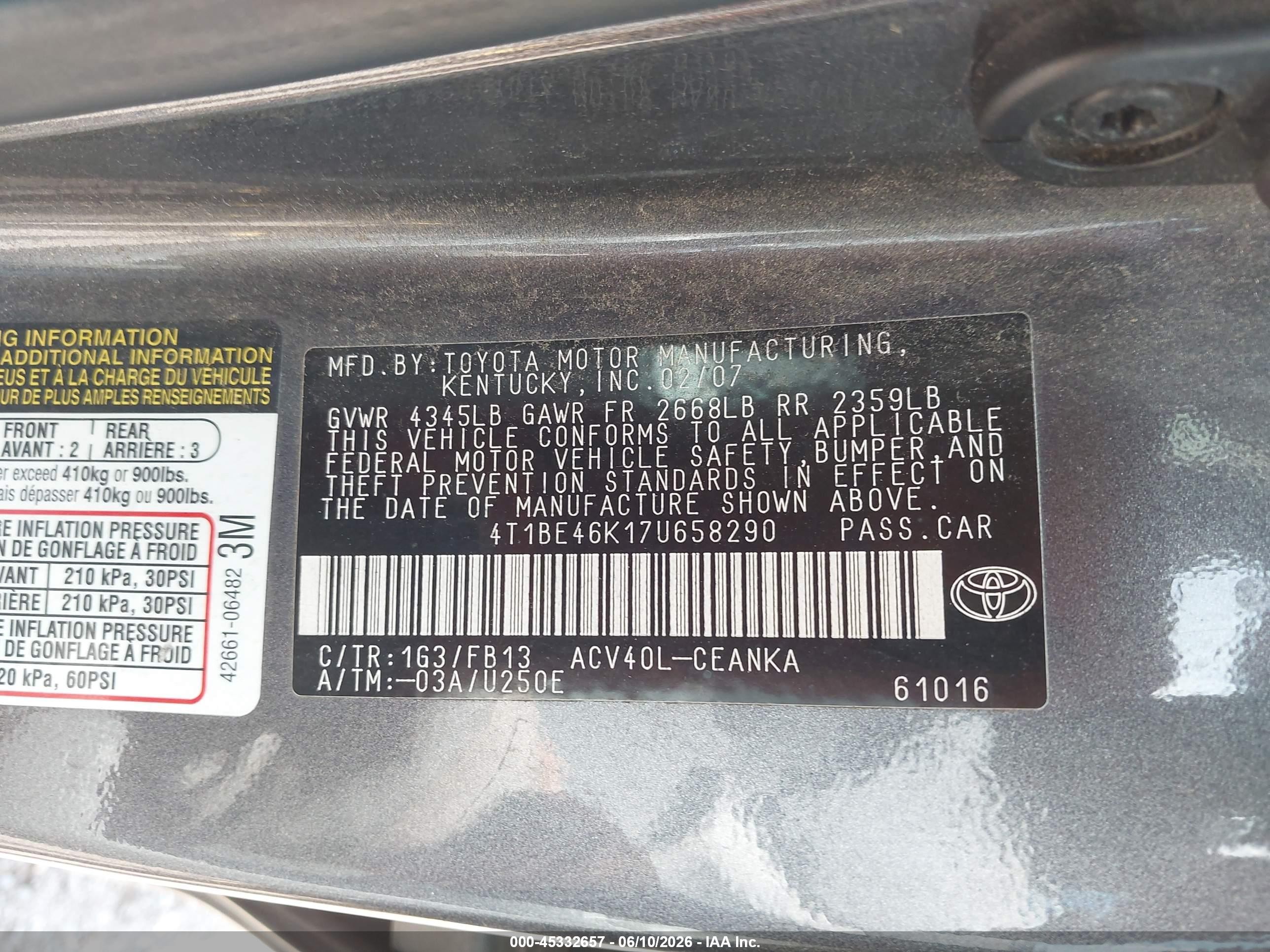 2007 Toyota Camry Le Gray vin: 4T1BE46K17U658290
