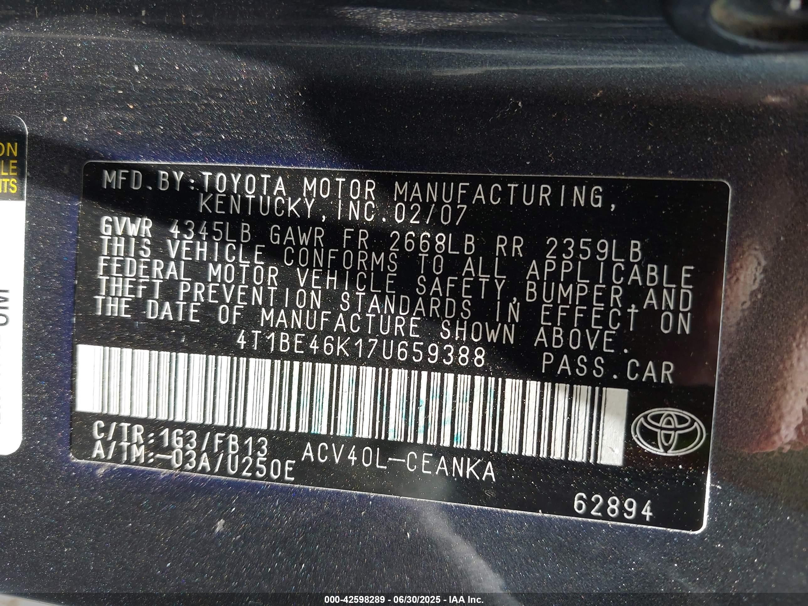 2007 Toyota Camry Le Gray vin: 4T1BE46K17U659388