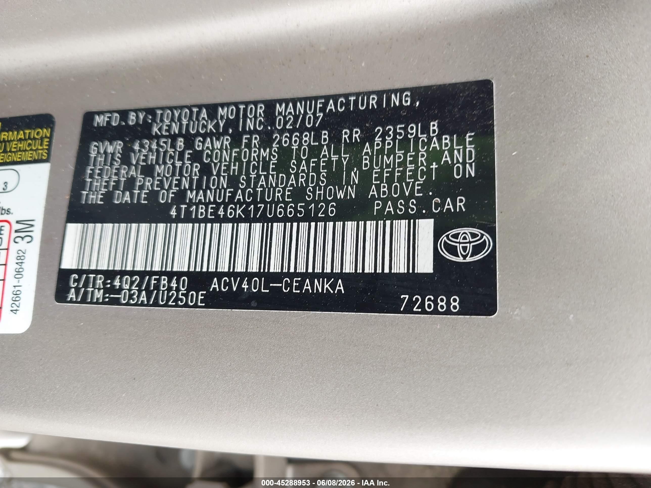 2007 Toyota Camry Le Tan vin: 4T1BE46K17U665126