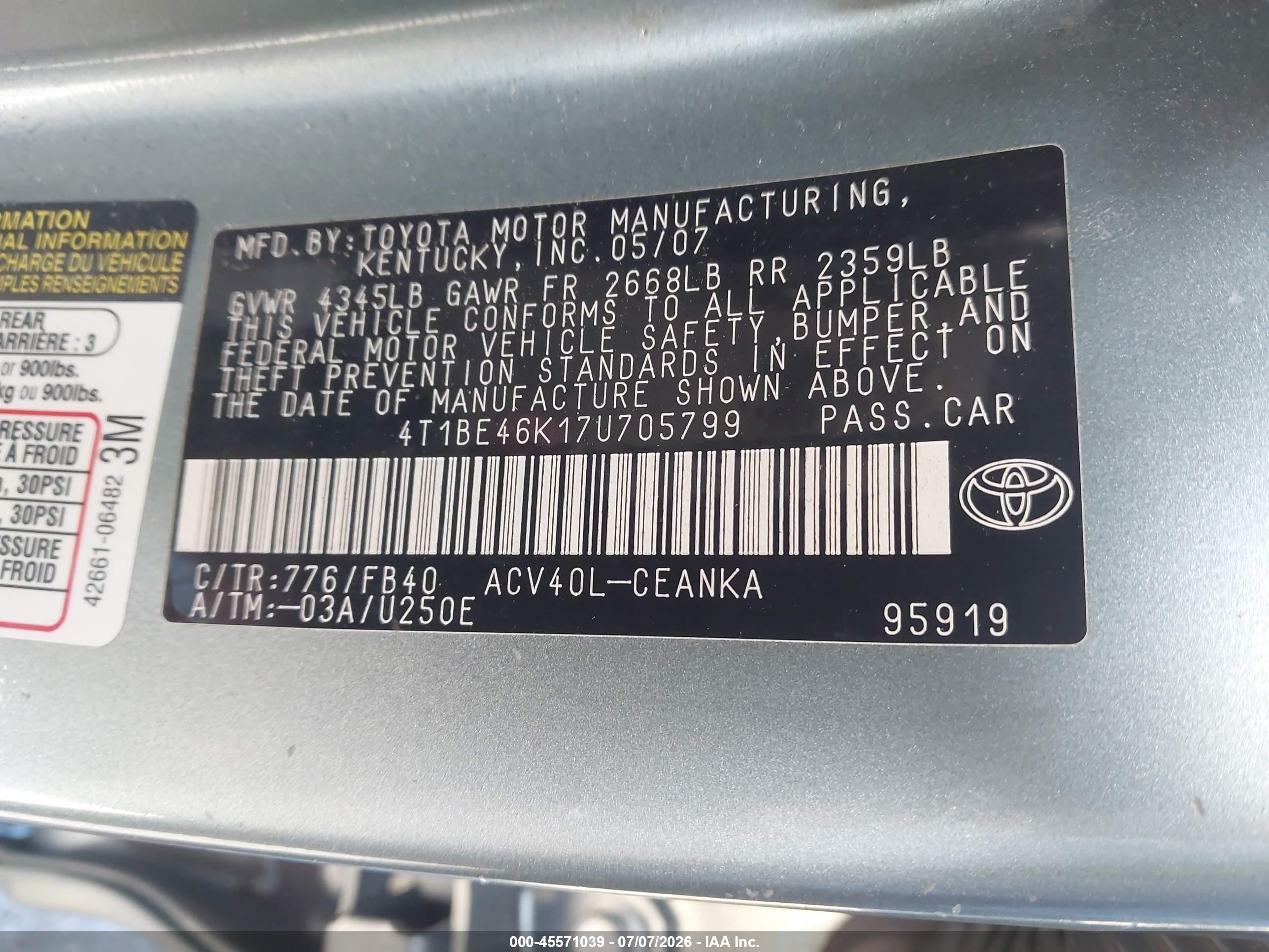 2007 Toyota Camry Le Green vin: 4T1BE46K17U705799