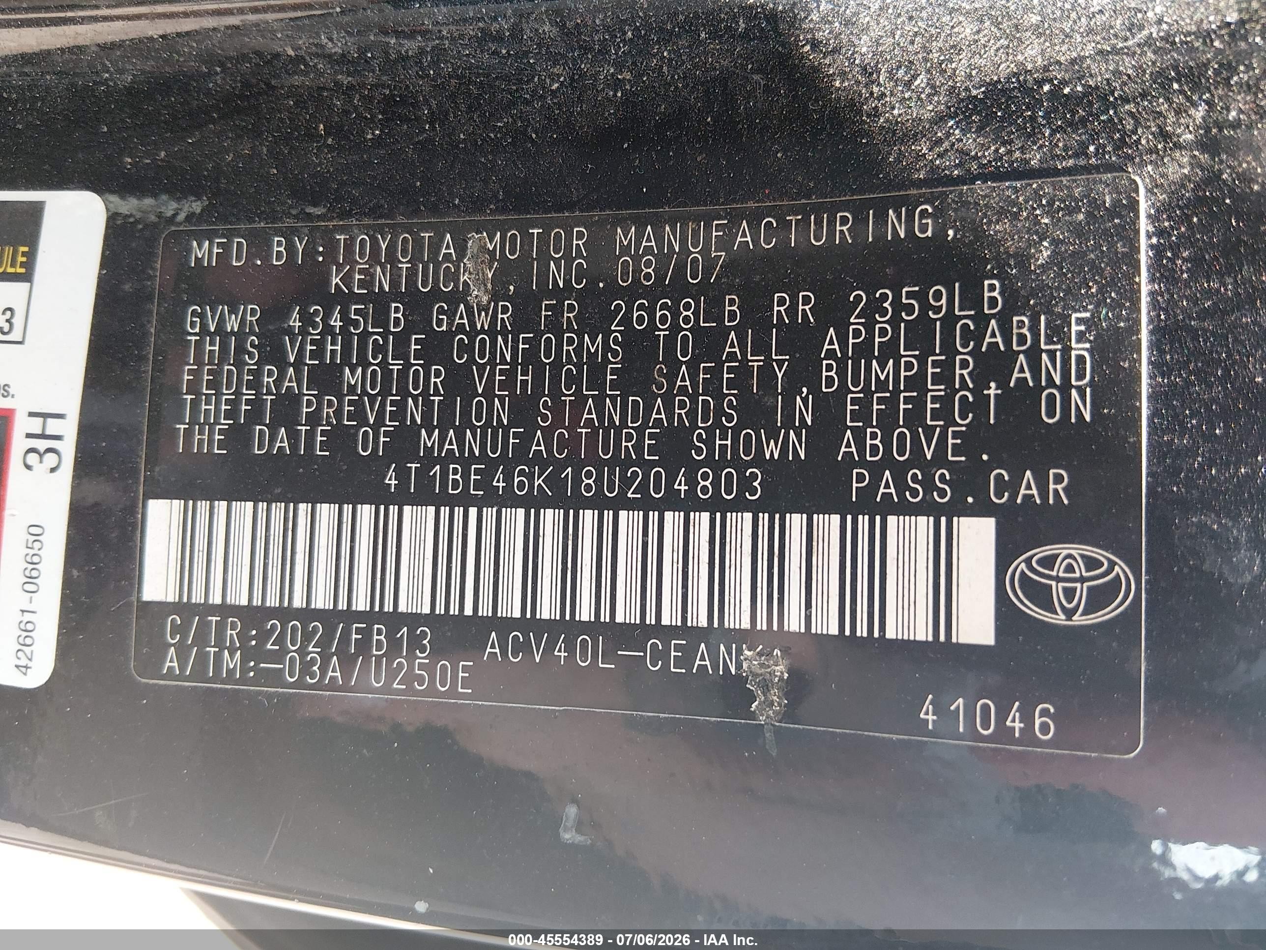 2008 Toyota Camry Le Black vin: 4T1BE46K18U204803