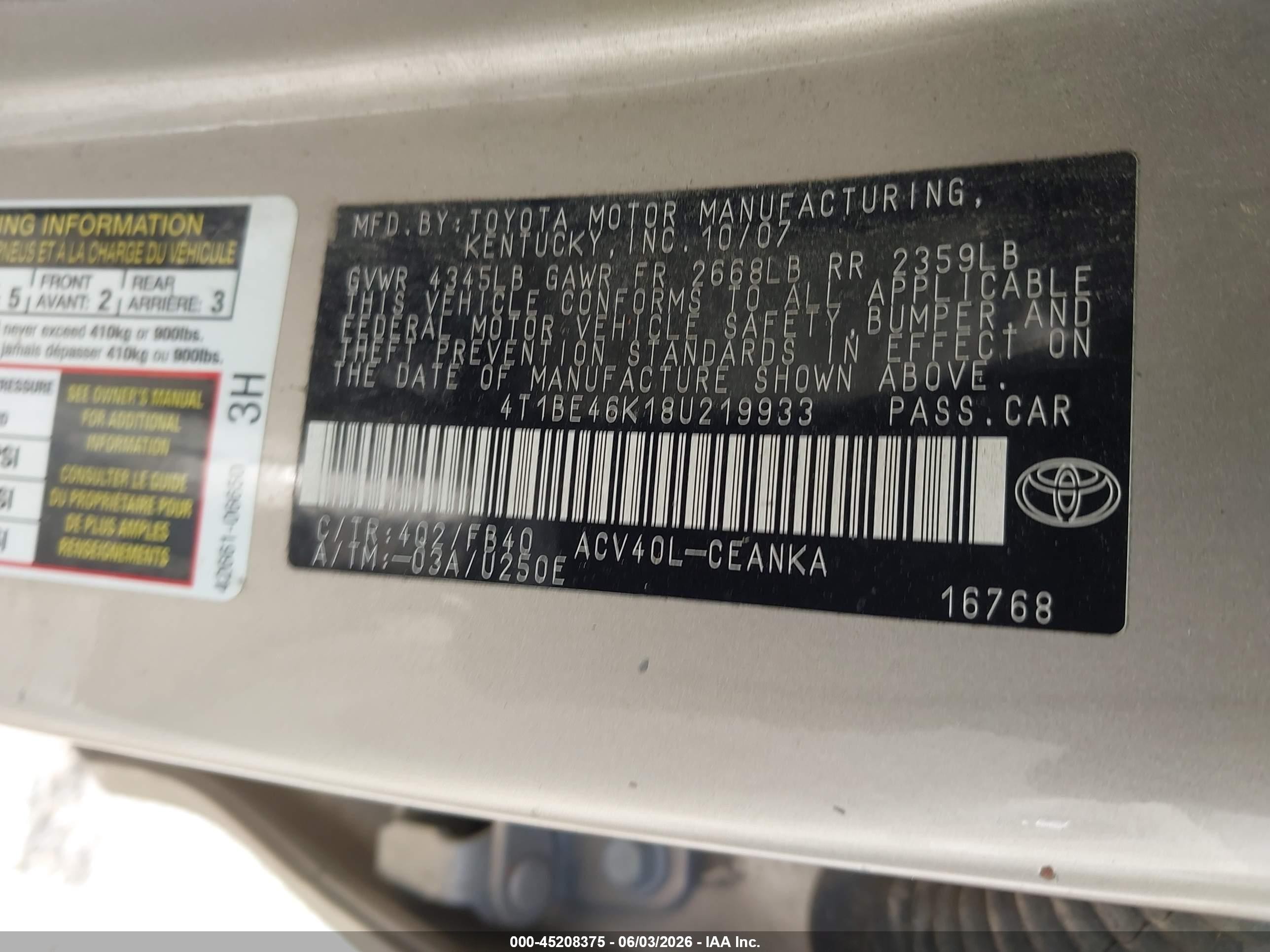 2008 Toyota Camry Le Tan vin: 4T1BE46K18U219933