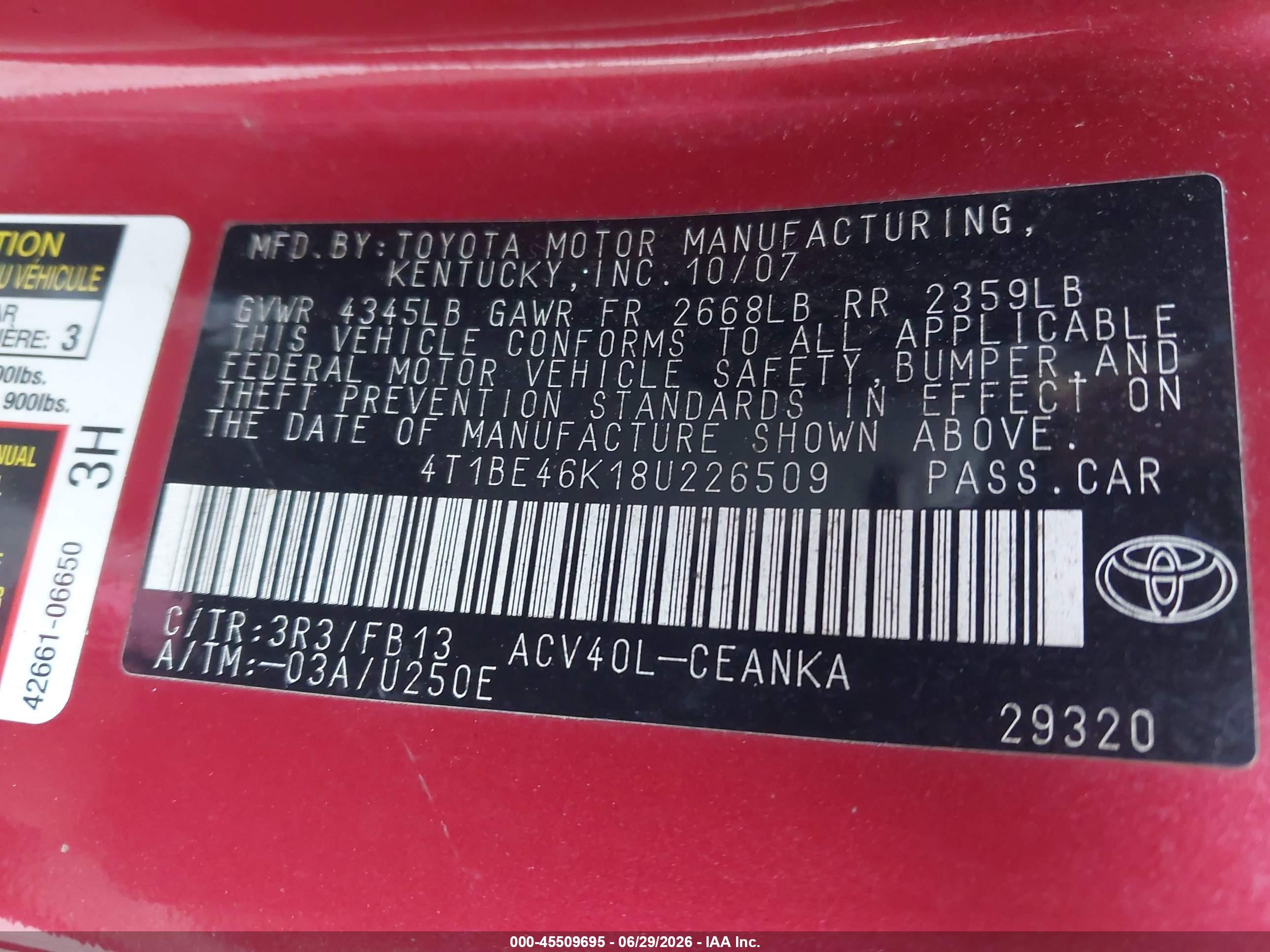 2008 Toyota Camry Le Red vin: 4T1BE46K18U226509