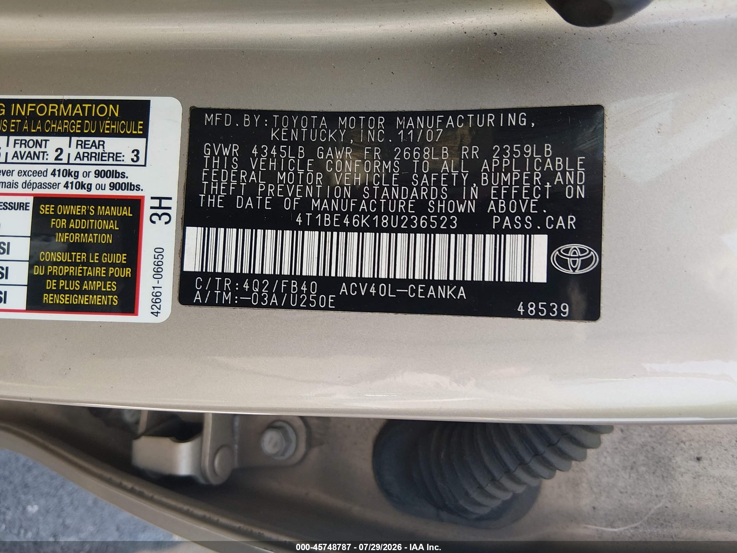 2008 Toyota Camry Le White vin: 4T1BE46K18U236523