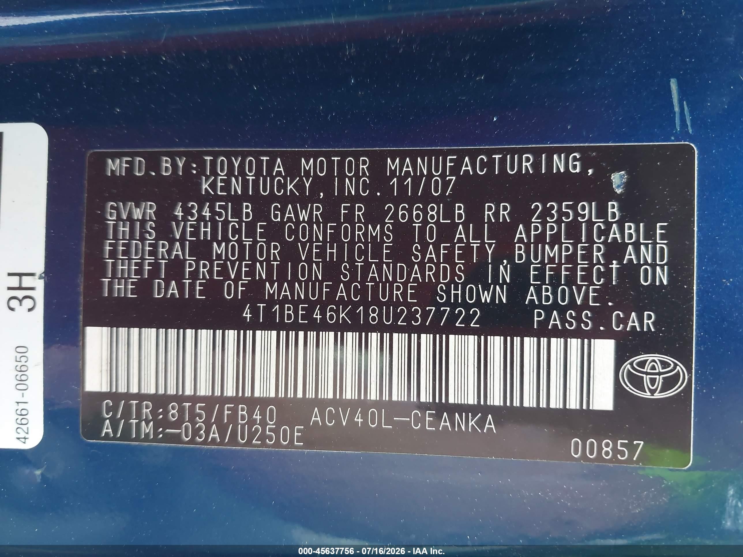 2008 Toyota Camry Le Blue vin: 4T1BE46K18U237722