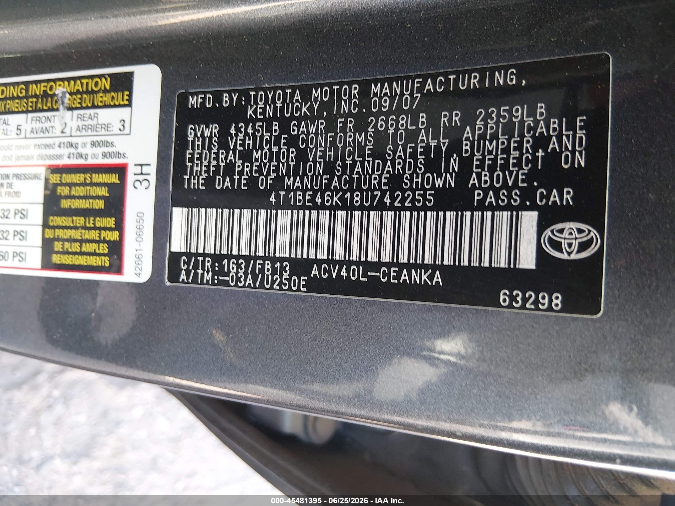 2008 Toyota Camry Le Серый vin: 4T1BE46K18U742255