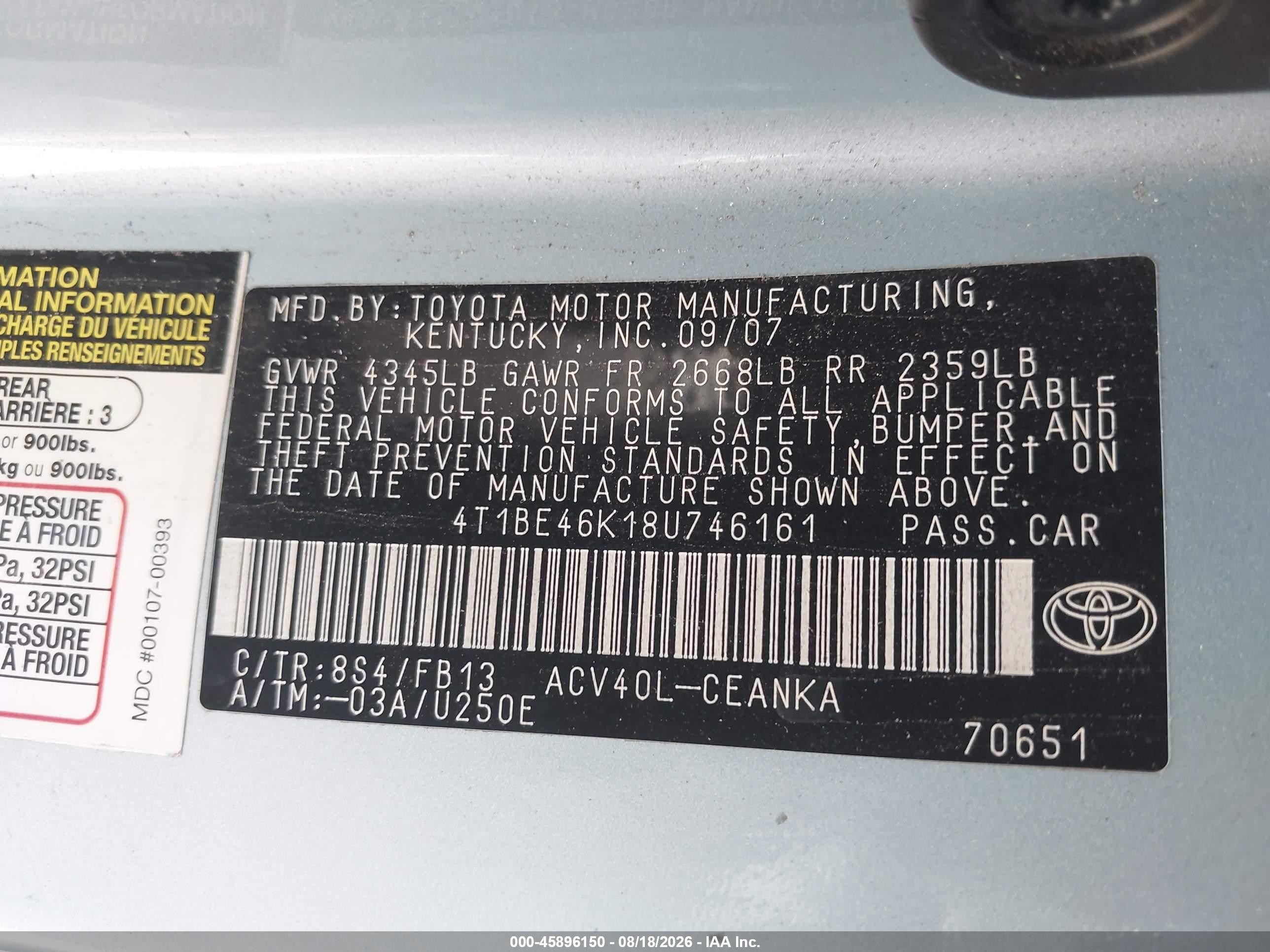 2008 Toyota Camry Le Light Blue vin: 4T1BE46K18U746161