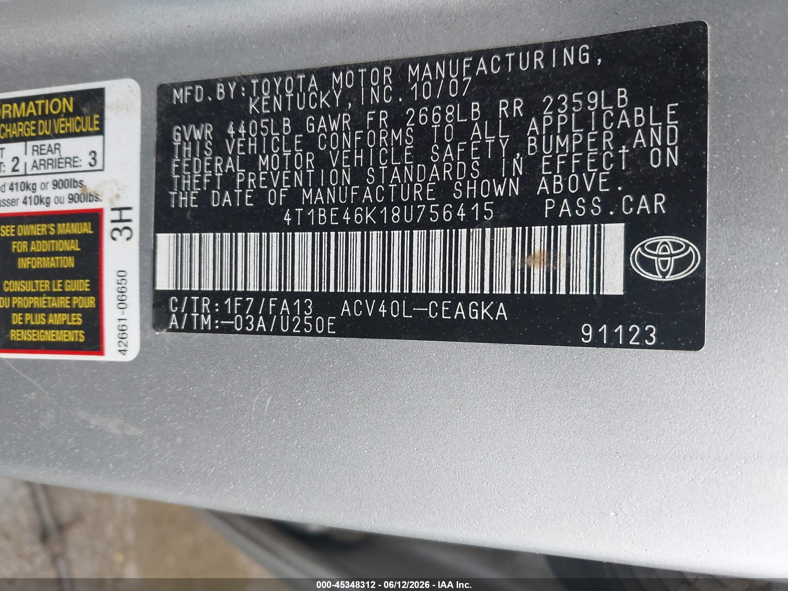 2008 Toyota Camry Xle Silver vin: 4T1BE46K18U756415