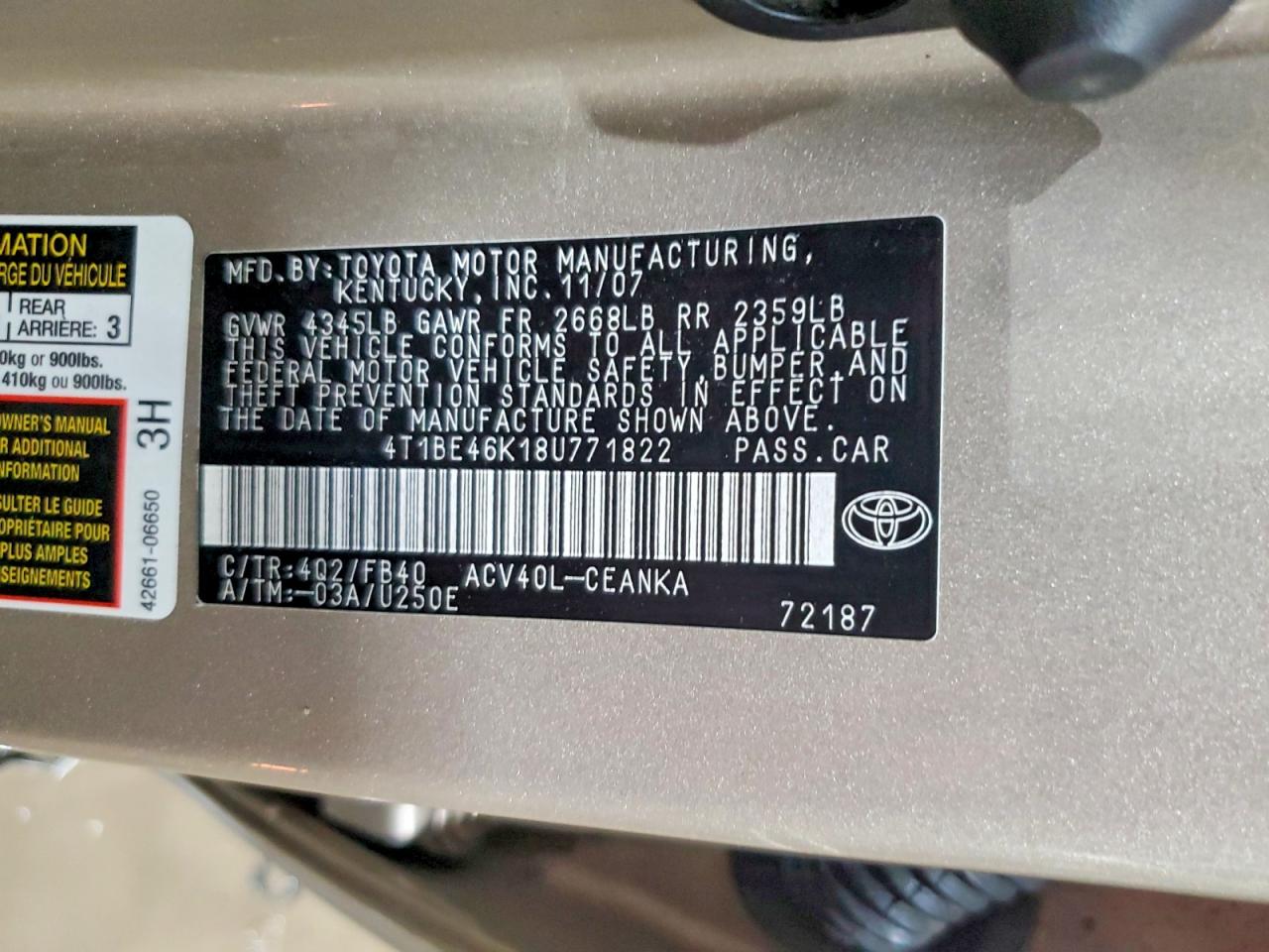 2008 Toyota Camry Base Tan vin: 4T1BE46K18U771822