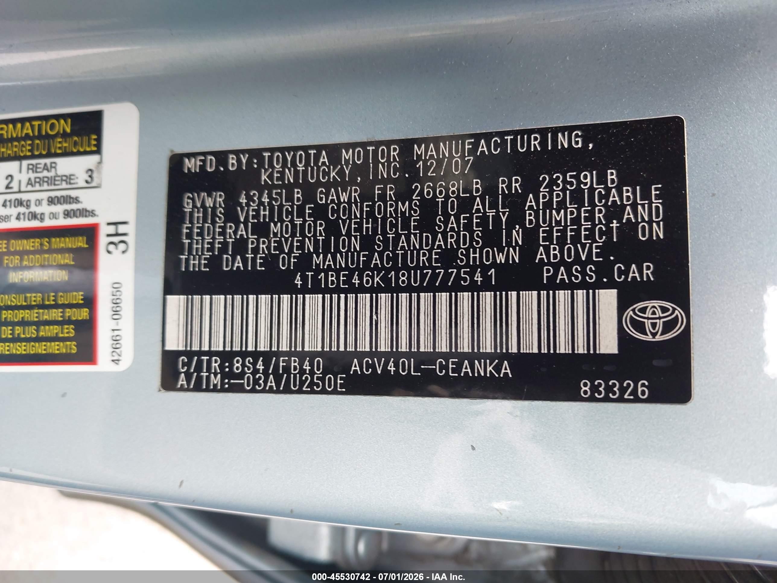2008 Toyota Camry Le Light Blue vin: 4T1BE46K18U777541